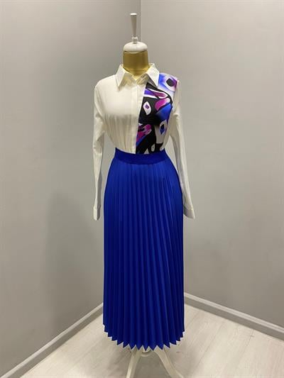 FAMELİN 4-8940 PLİSELİ ETEK SAKS MAVİSİ