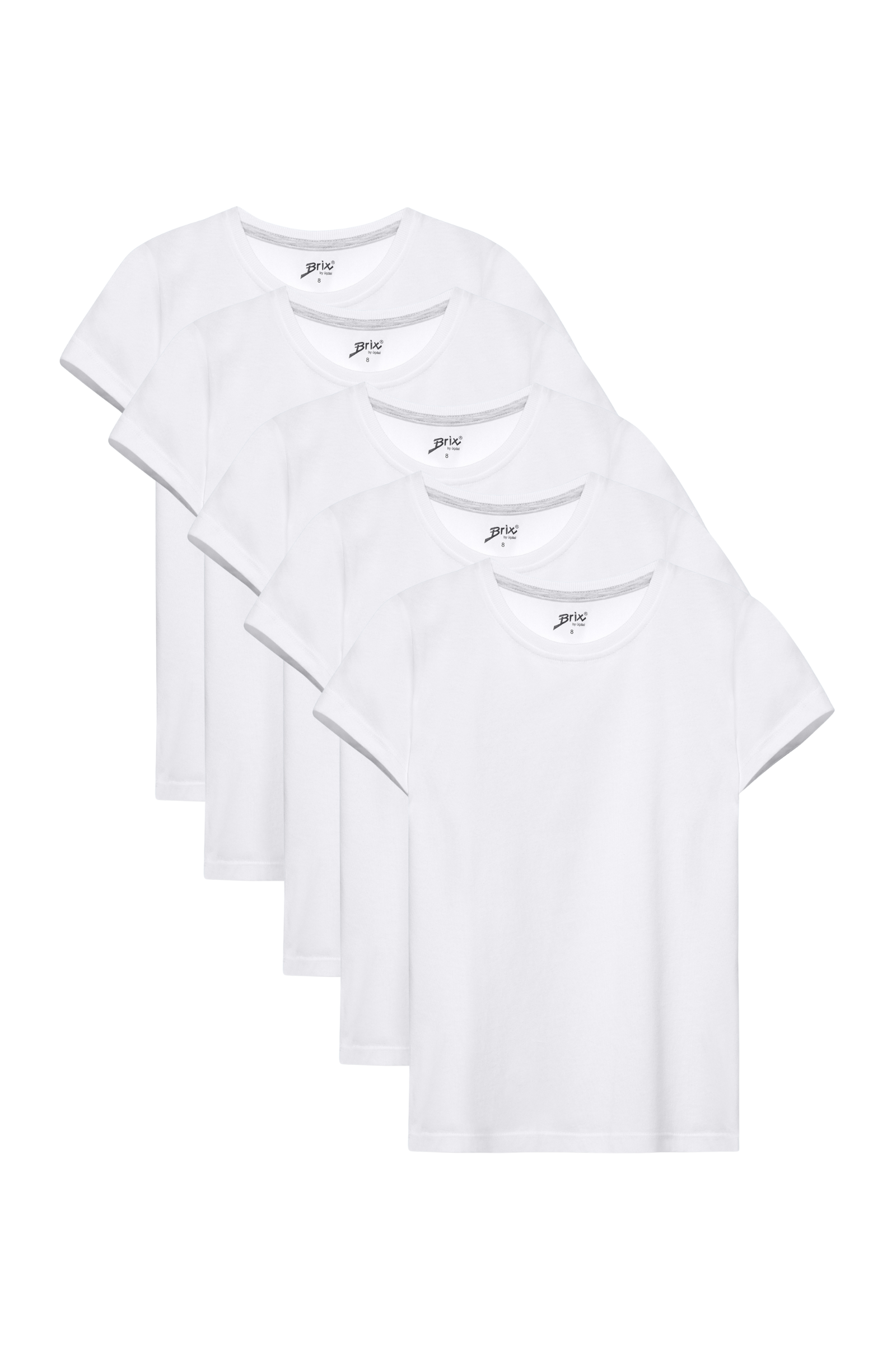 Brix 7719 Beyaz Renk Kız Çocuk 5'li %100 Pamuk Kısa Kollu Bisiklet Yaka Süprem T-Shirt