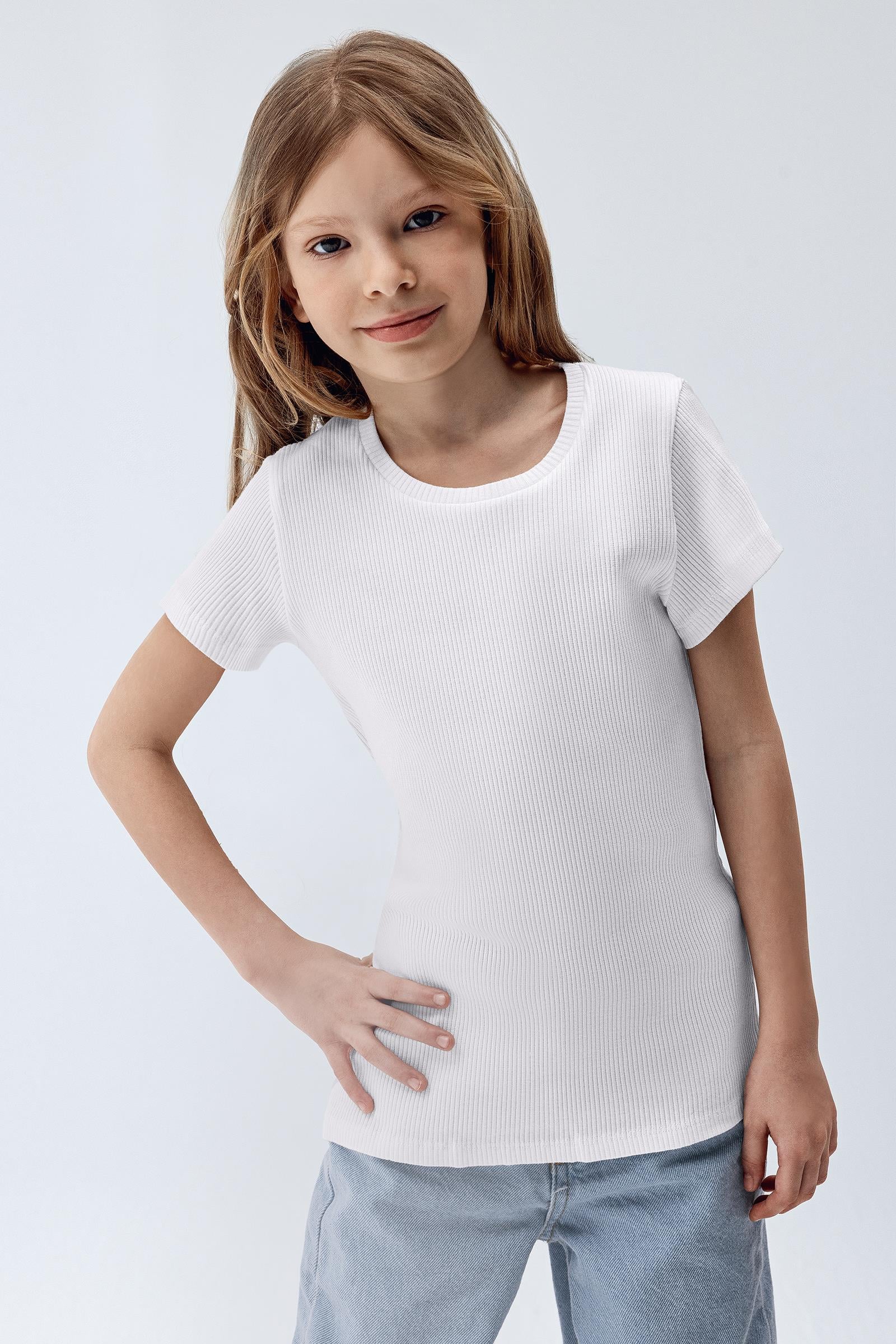 Brix Beyaz Renk  Kız Çocuk Fitilli Kısa Kollu T-Shirt