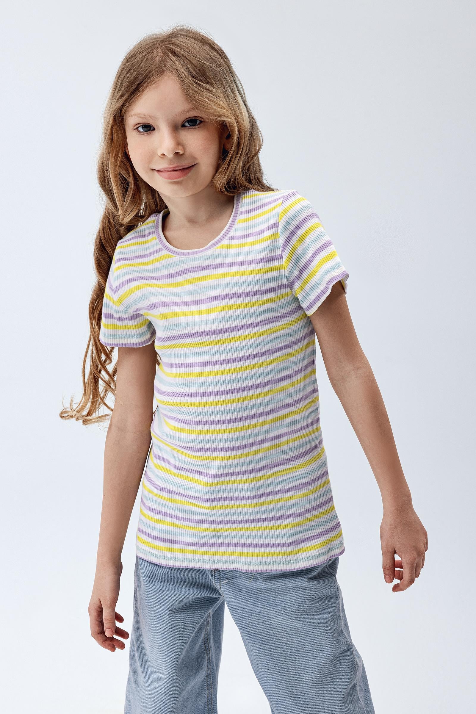 Brix Çizgili Kız Çocuk Fitilli Kısa Kollu T-Shirt