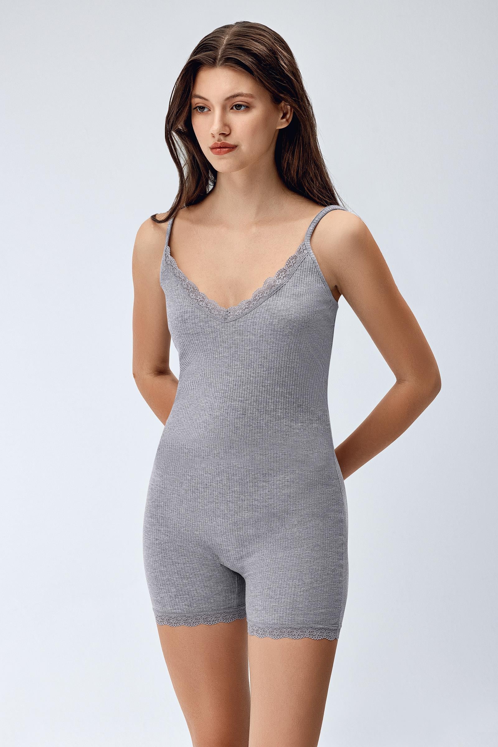 Brix Gri Renk Kadın Fitilli Body Tulum