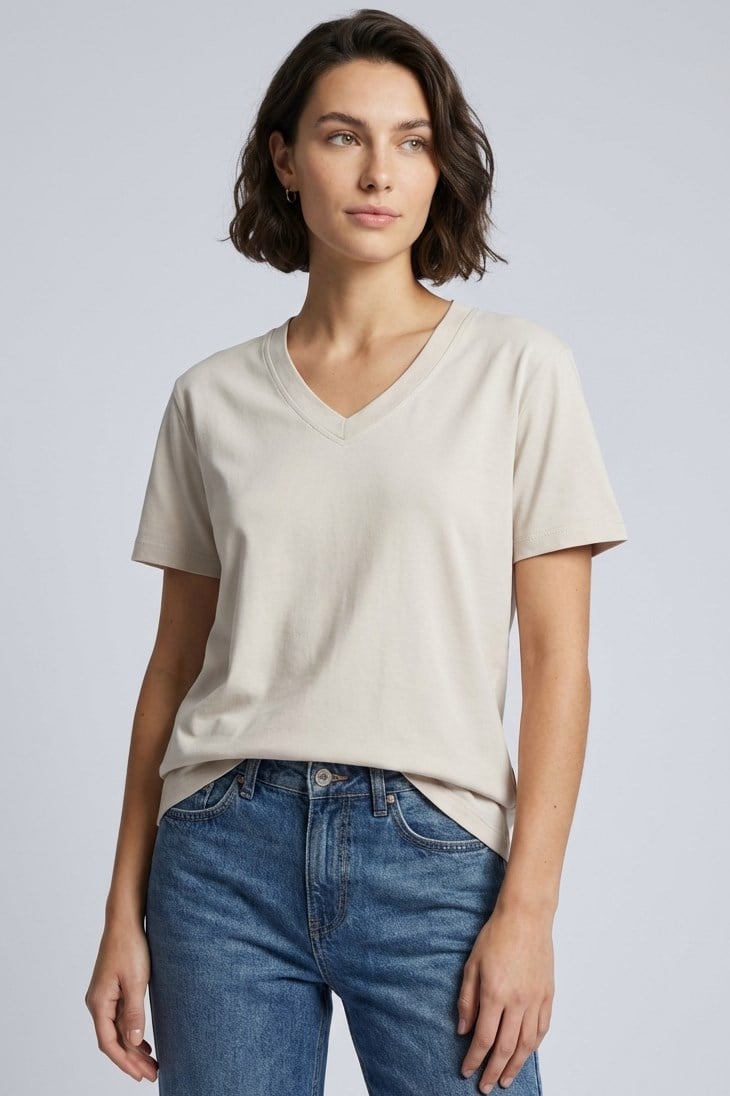 Brix Kadın %100 Pamuk V Yaka T-Shirt 3536  Bej Renk