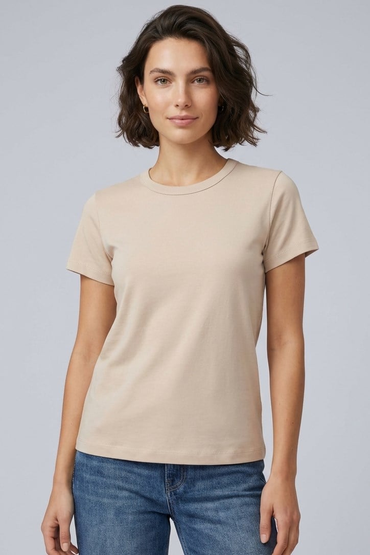Brix Kadın Bisiklet Yaka İnterlok T-Shirt  Bej Renk