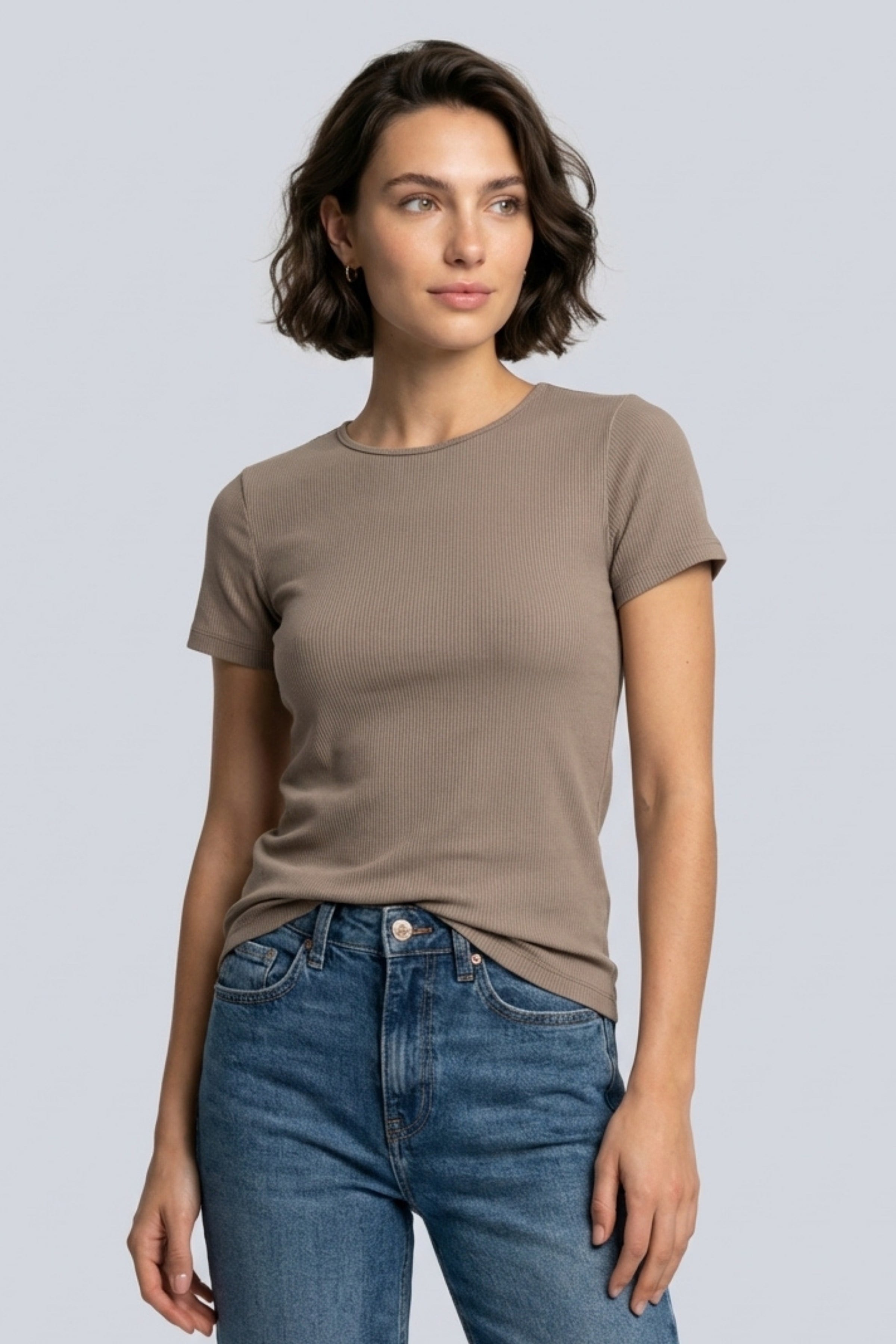 Brix Kadın Fitilli Kısa Kollu T-Shirt 3515  Kahverengi Renk