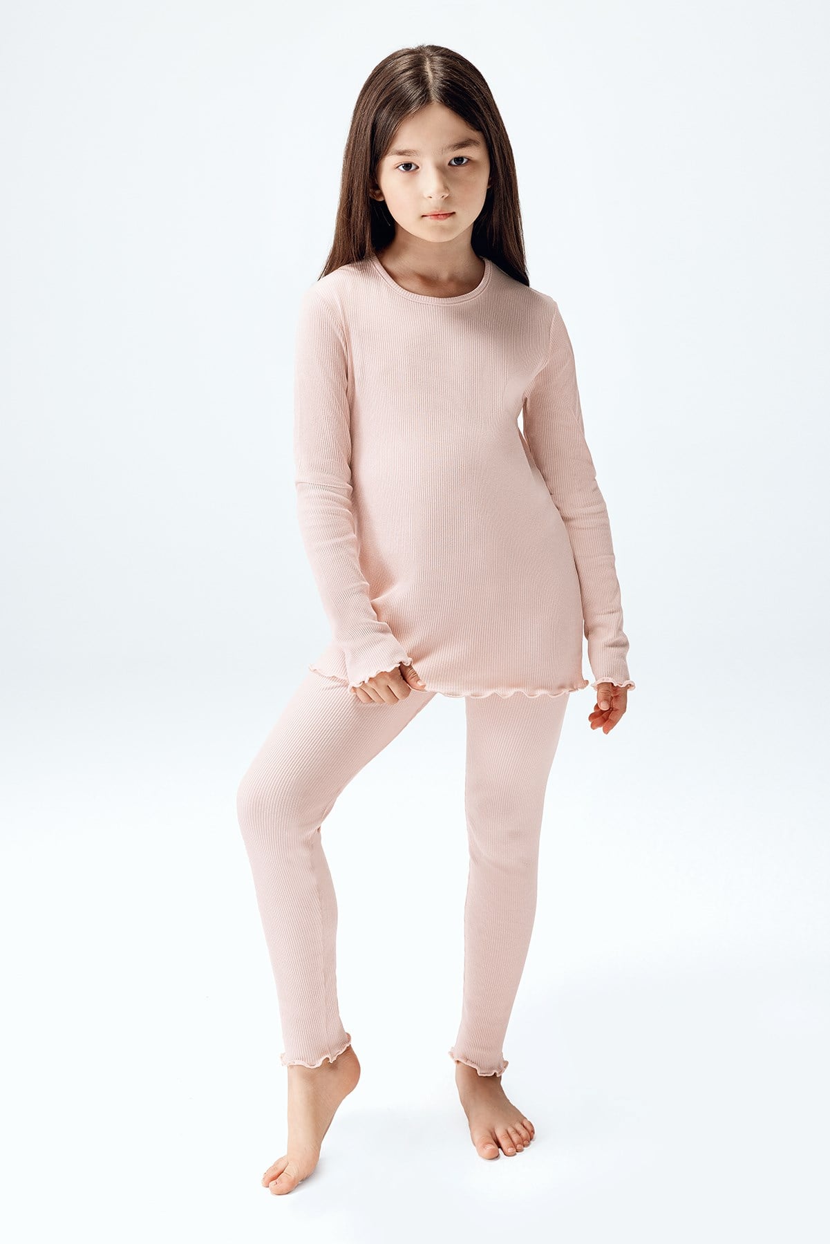 Brix Kız Çocuk Fitilli Çizgili Taytlı Pijama Takımı 7806  Somon Renk