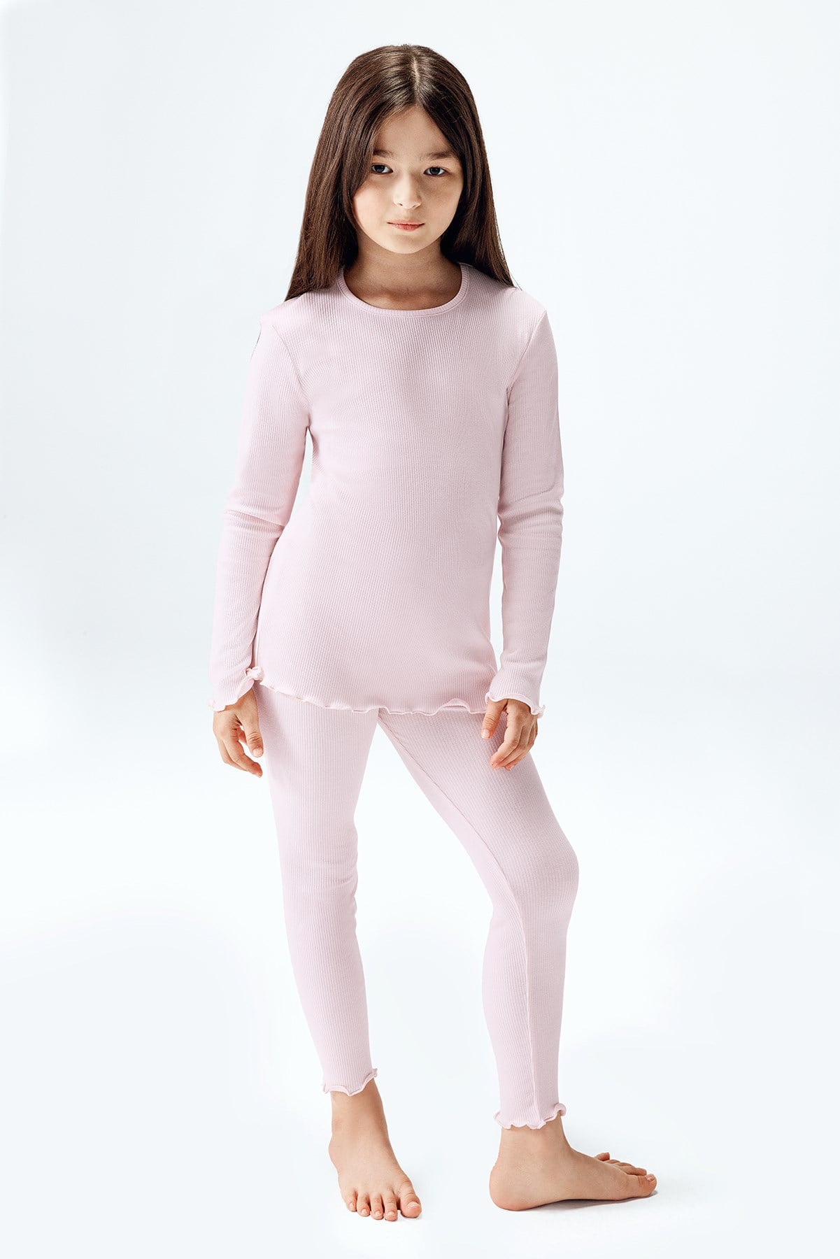 Brix Kız Çocuk Fitilli Çizgili Taytlı Pijama Takımı 7806  Pembe Renk