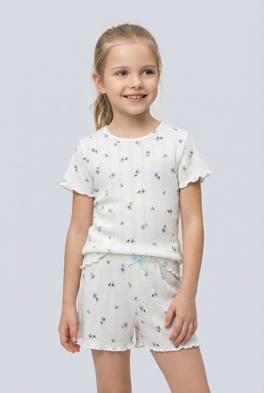 Brix Kız Çocuk Trasnferli Ribana Pijama Takımı 7820  Mavi Renk