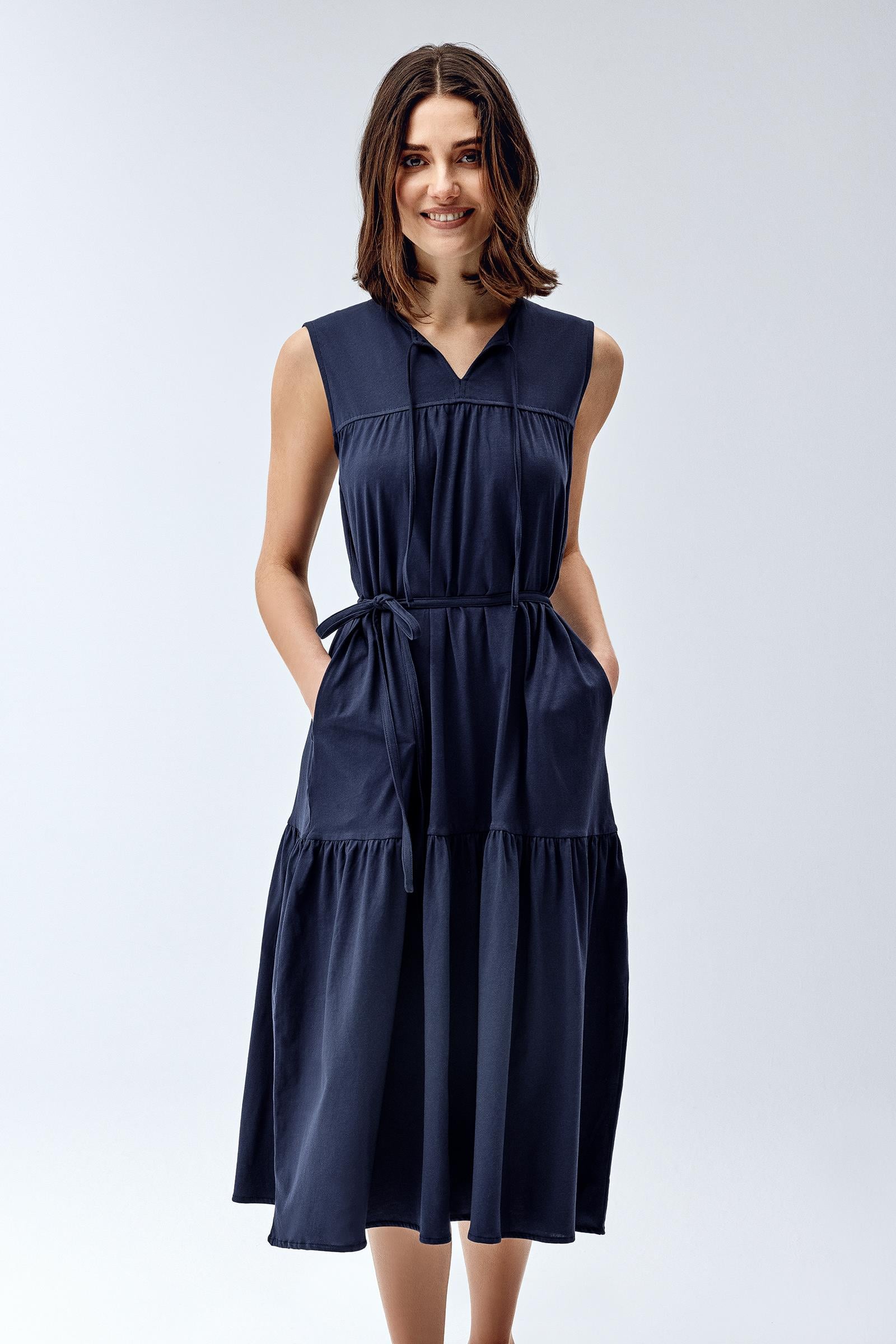 Brix Lacivert Renk Kadın Kat Detaylı Elbise