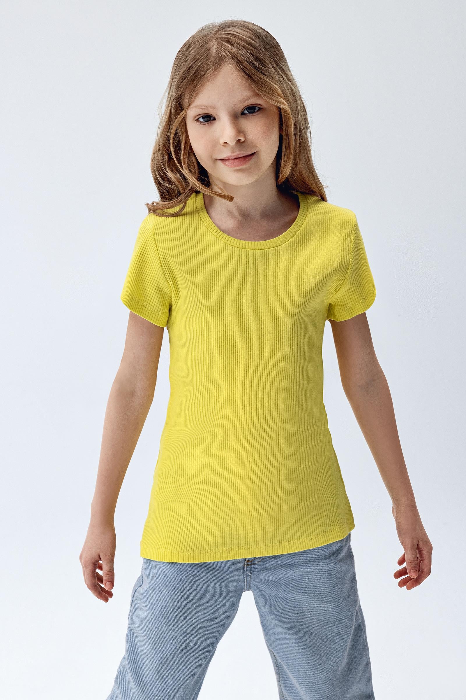 Brix Sarı Renk  Kız Çocuk Fitilli Kısa Kollu T-Shirt