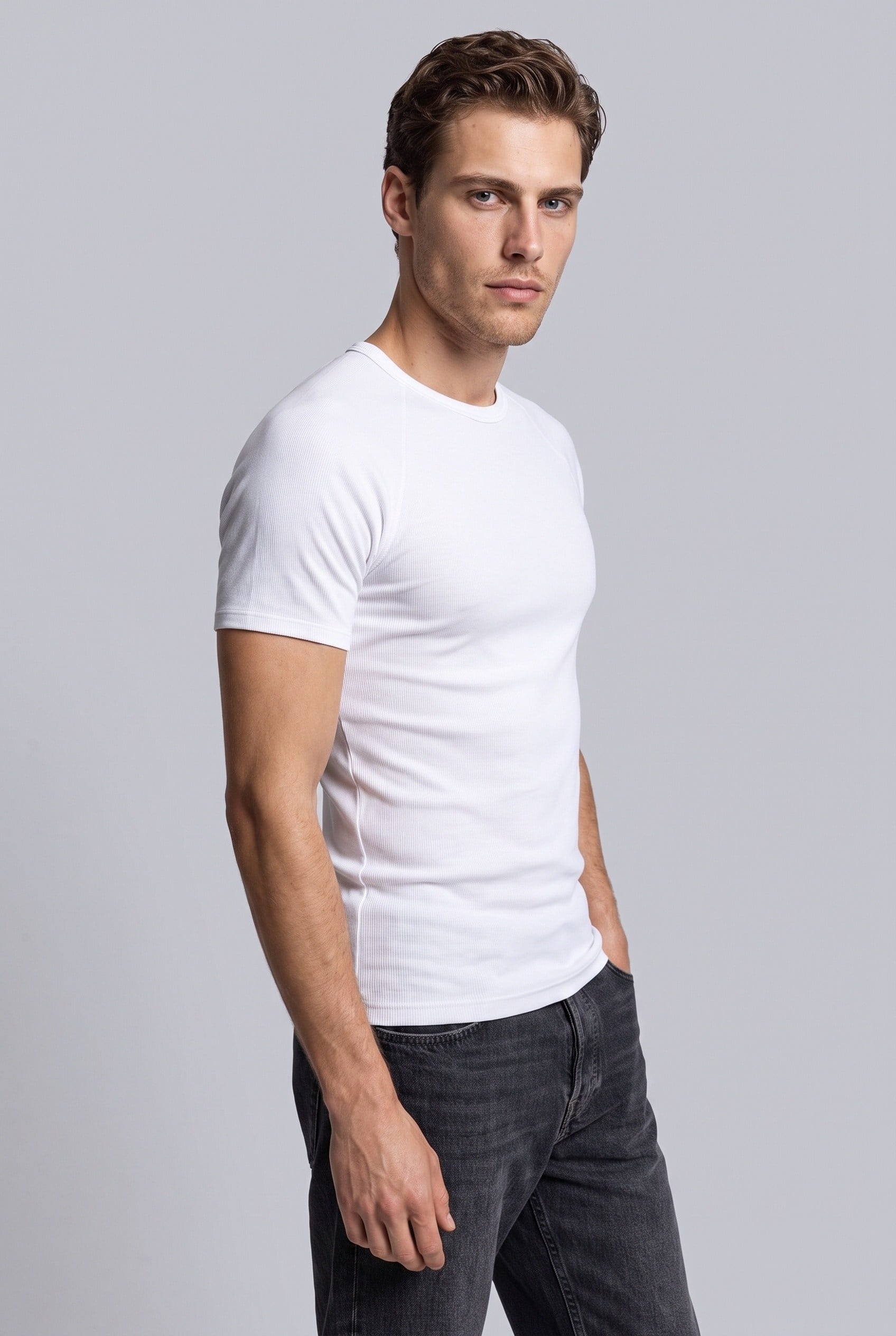 Erkek %100 Pamuk Reglan Kol T-Shirt Beyaz