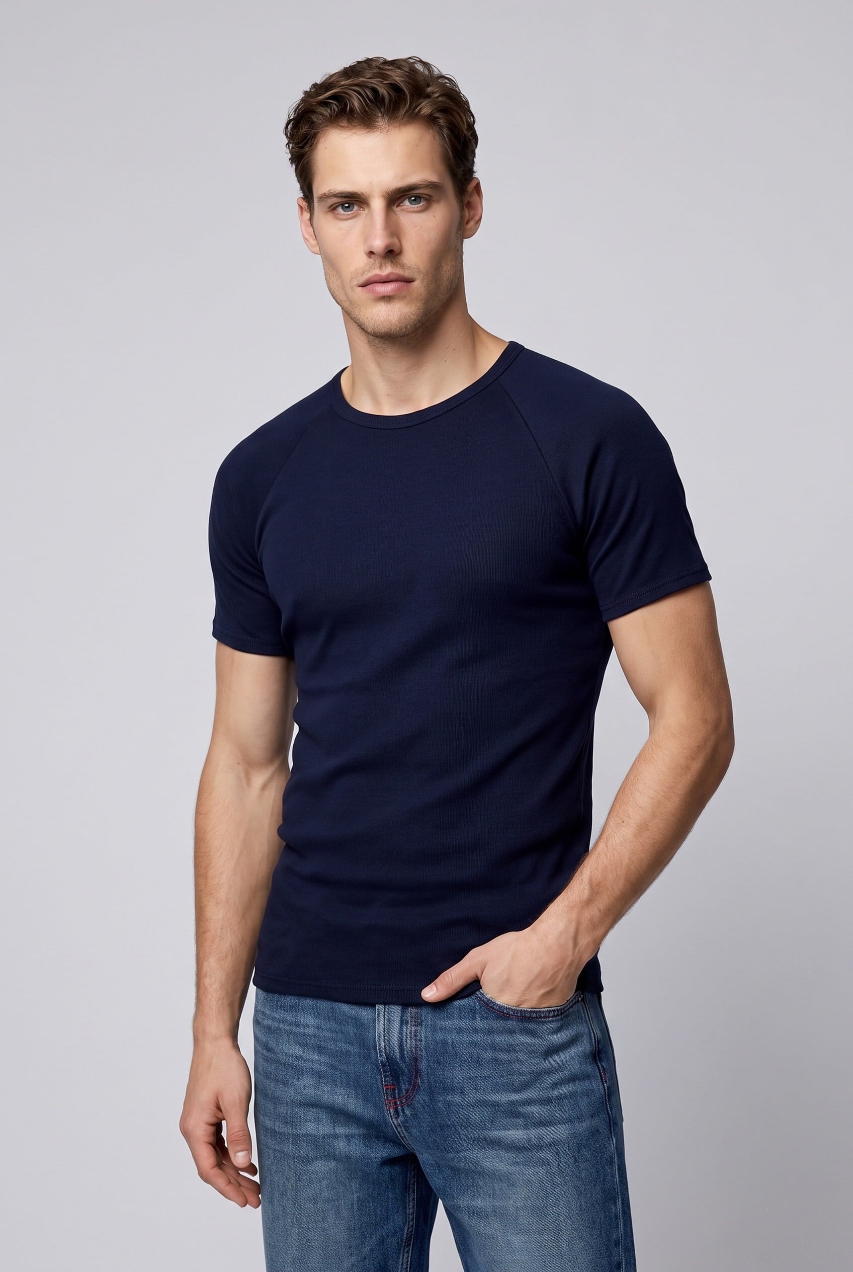 Erkek %100 Pamuk Reglan Kol T-Shirt Lacivert