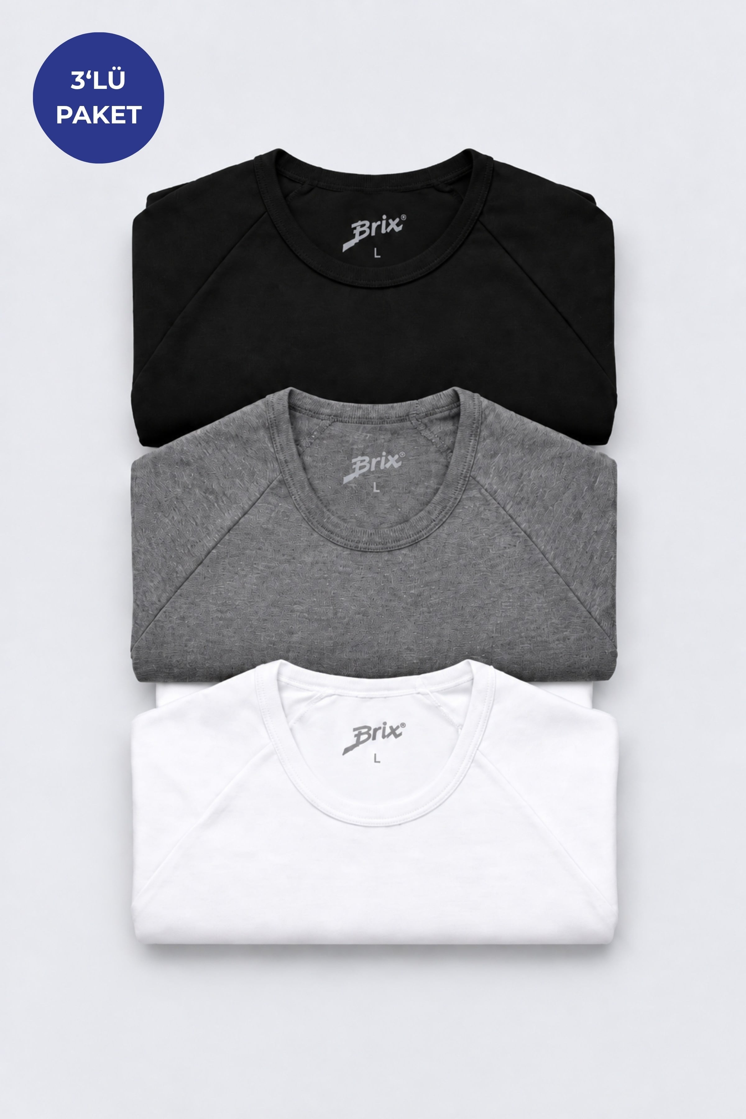 Erkek 3'lü %100 Pamuk Reglan Kol T-Shirt Siyah/Beyaz/Antrasit