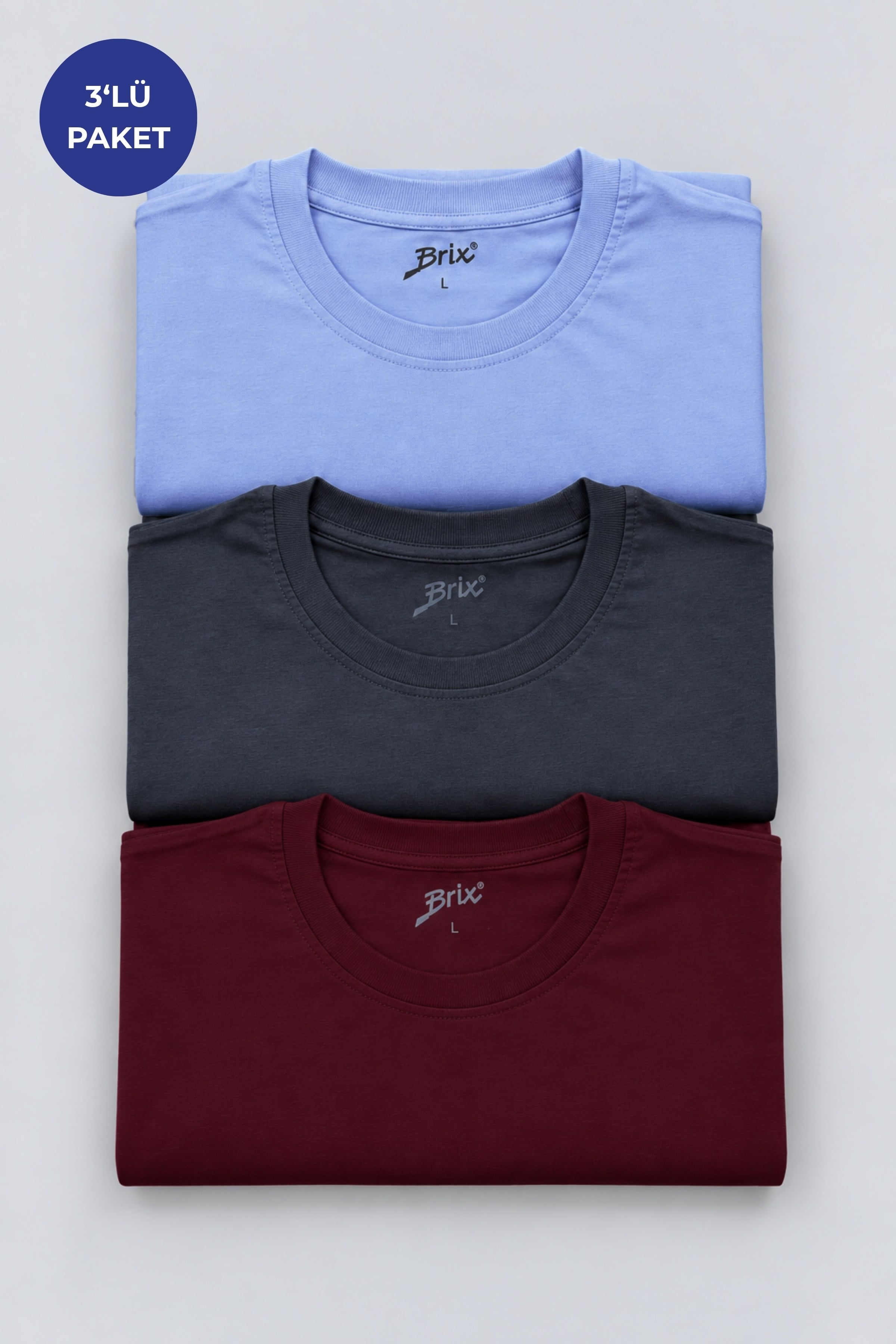 Erkek 3'lü %100 Pamuk T-Shirt Açık Mavi/Bordo/Füme