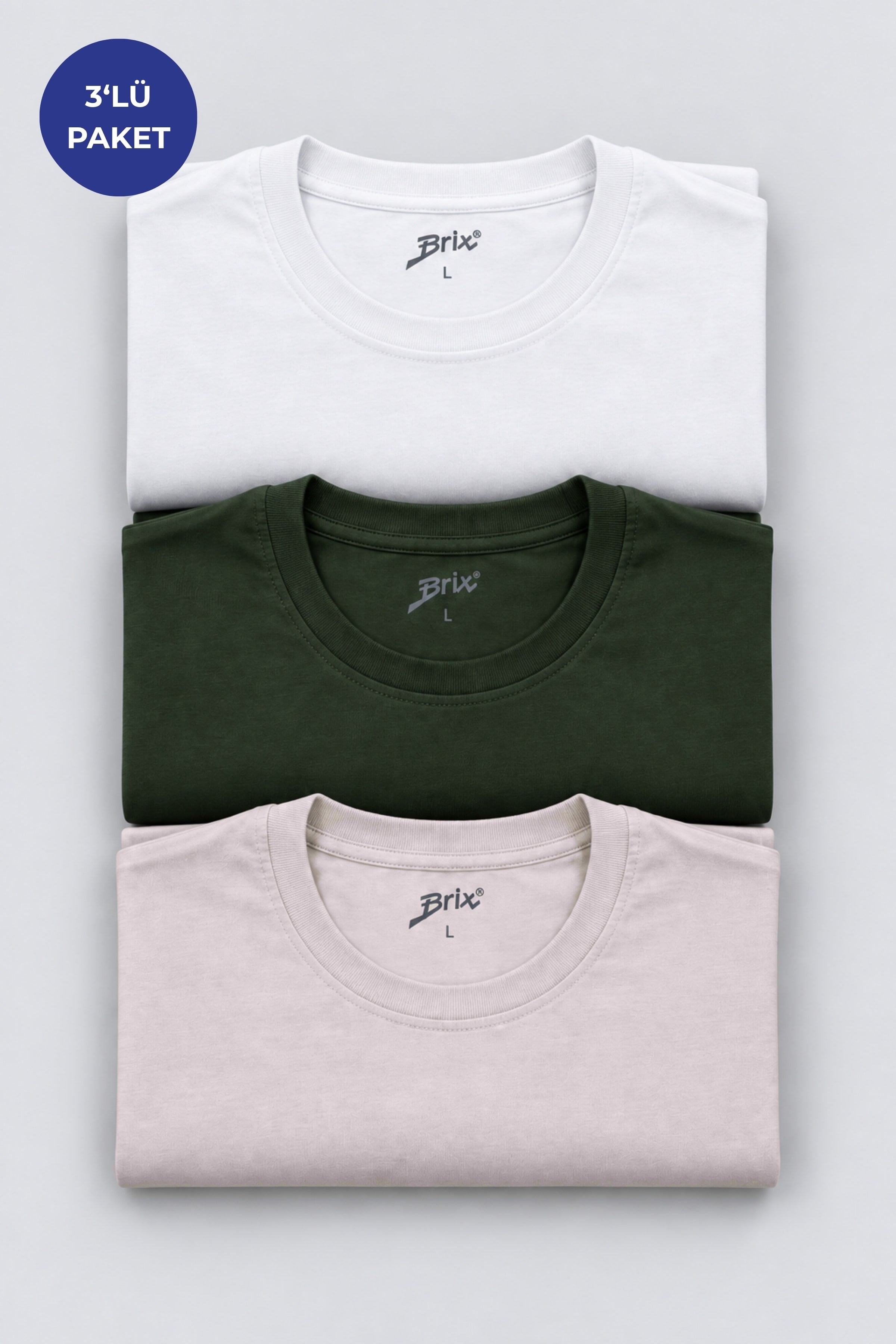 Erkek 3'lü %100 Pamuk T-Shirt Beyaz/Yeşil/Bej