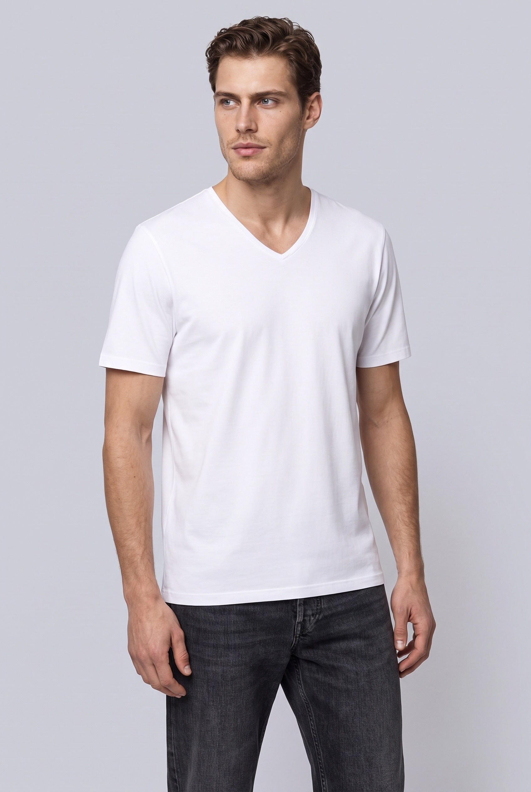 Erkek Basic Elastan V Yaka T-Shirt Beyaz