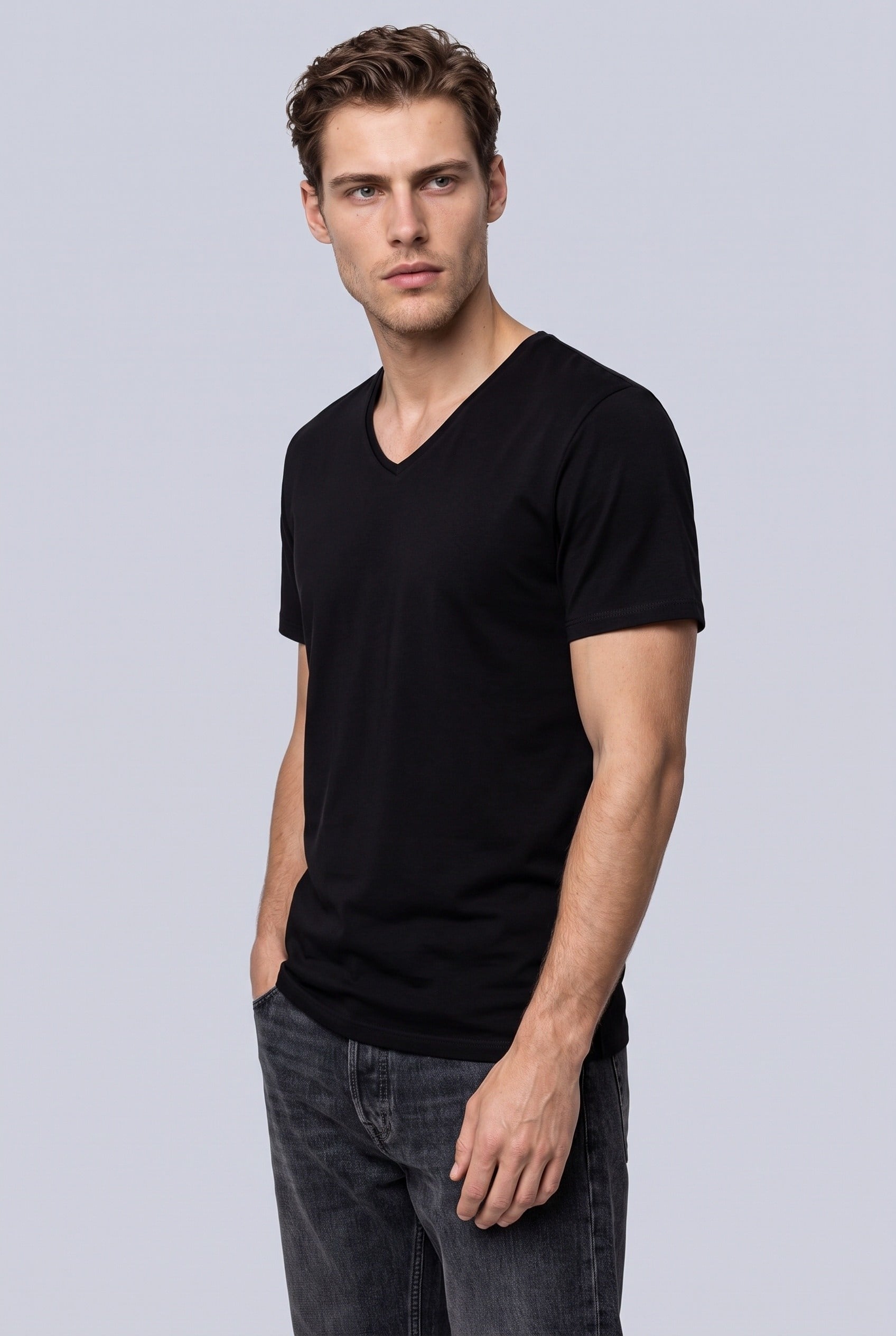Erkek Basic Elastan V Yaka T-Shirt Siyah