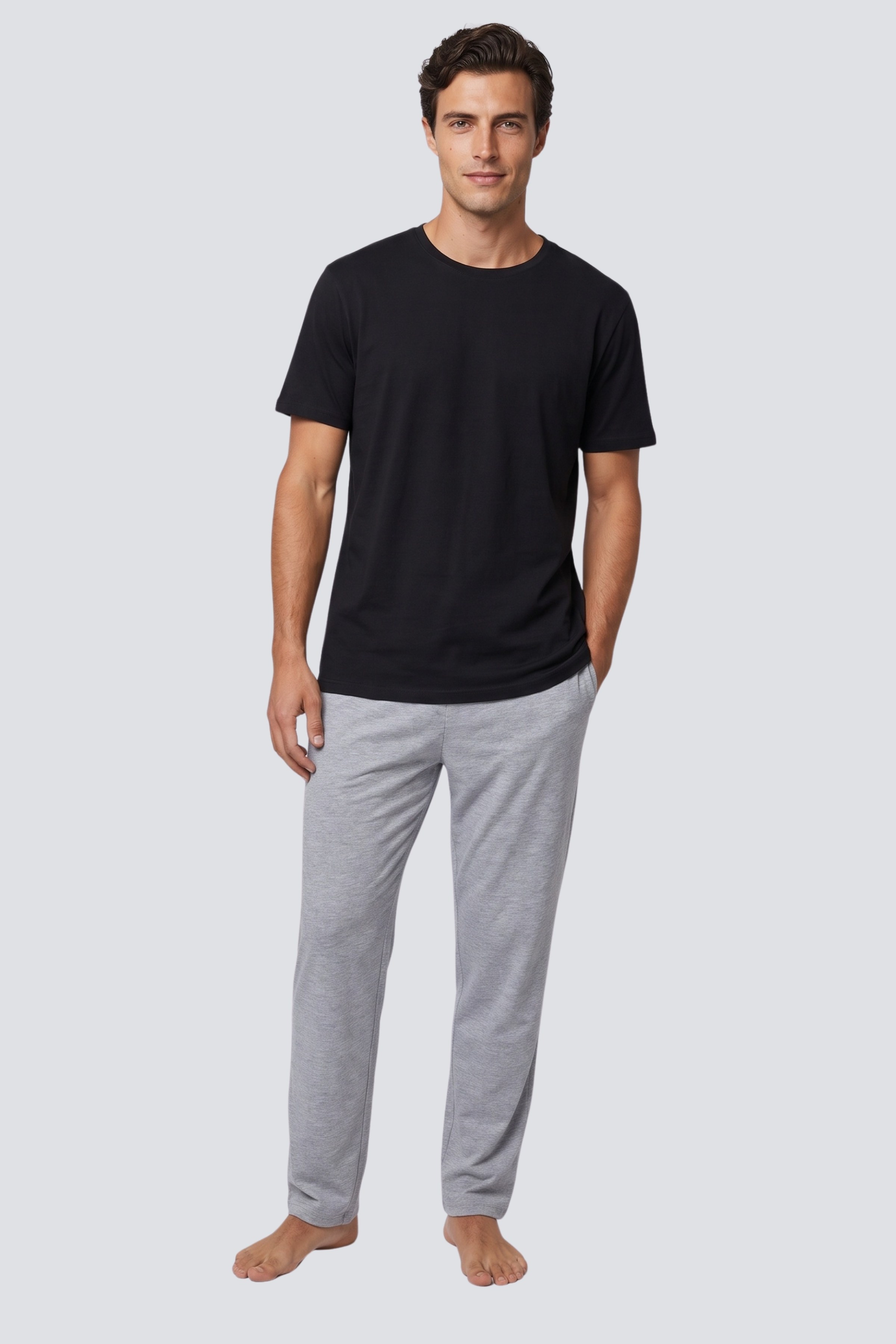 Erkek Pamuklu Pijama Takımı Siyah / Gri melanj