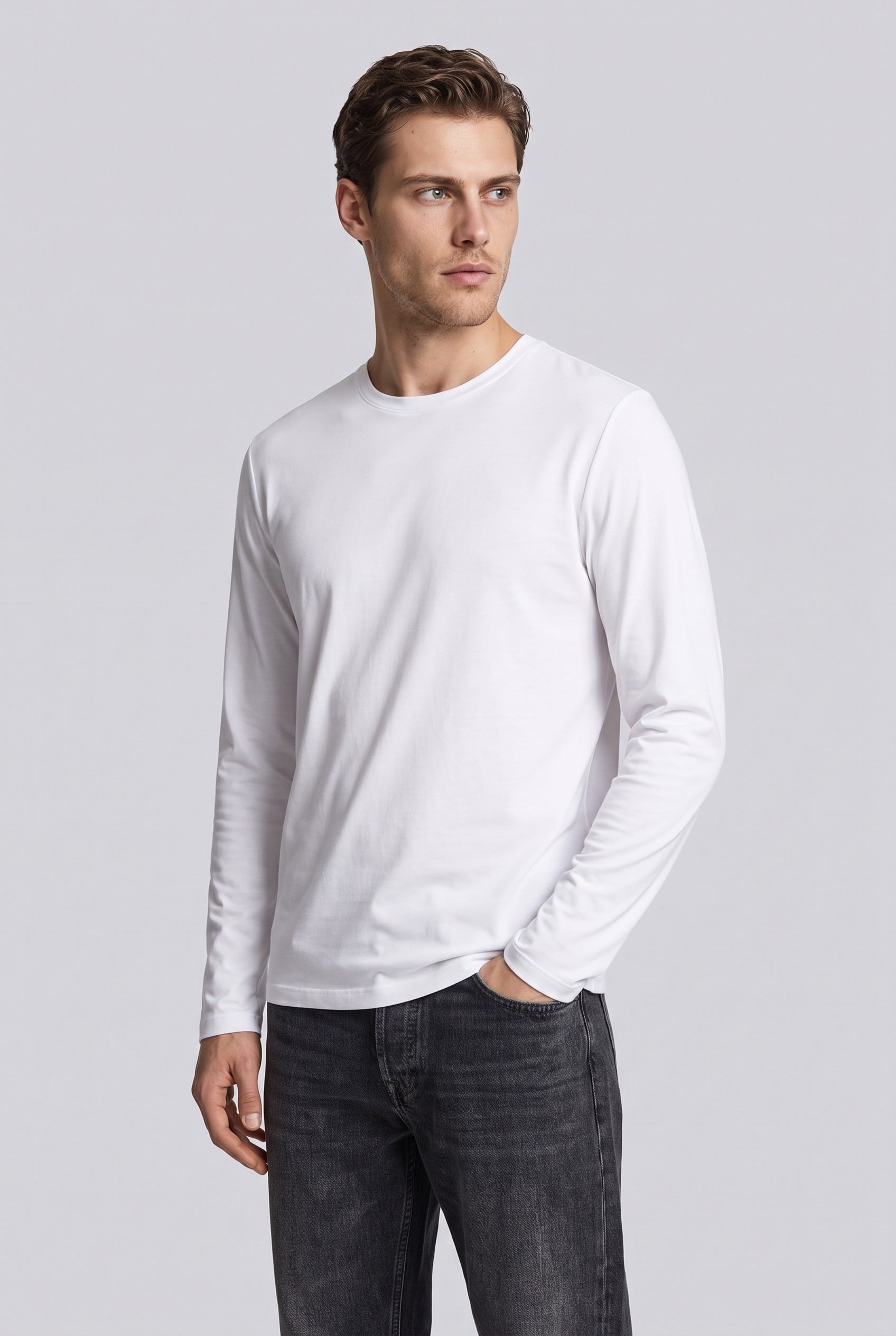 Erkek Uzun Kollu Modal T-Shirt Beyaz