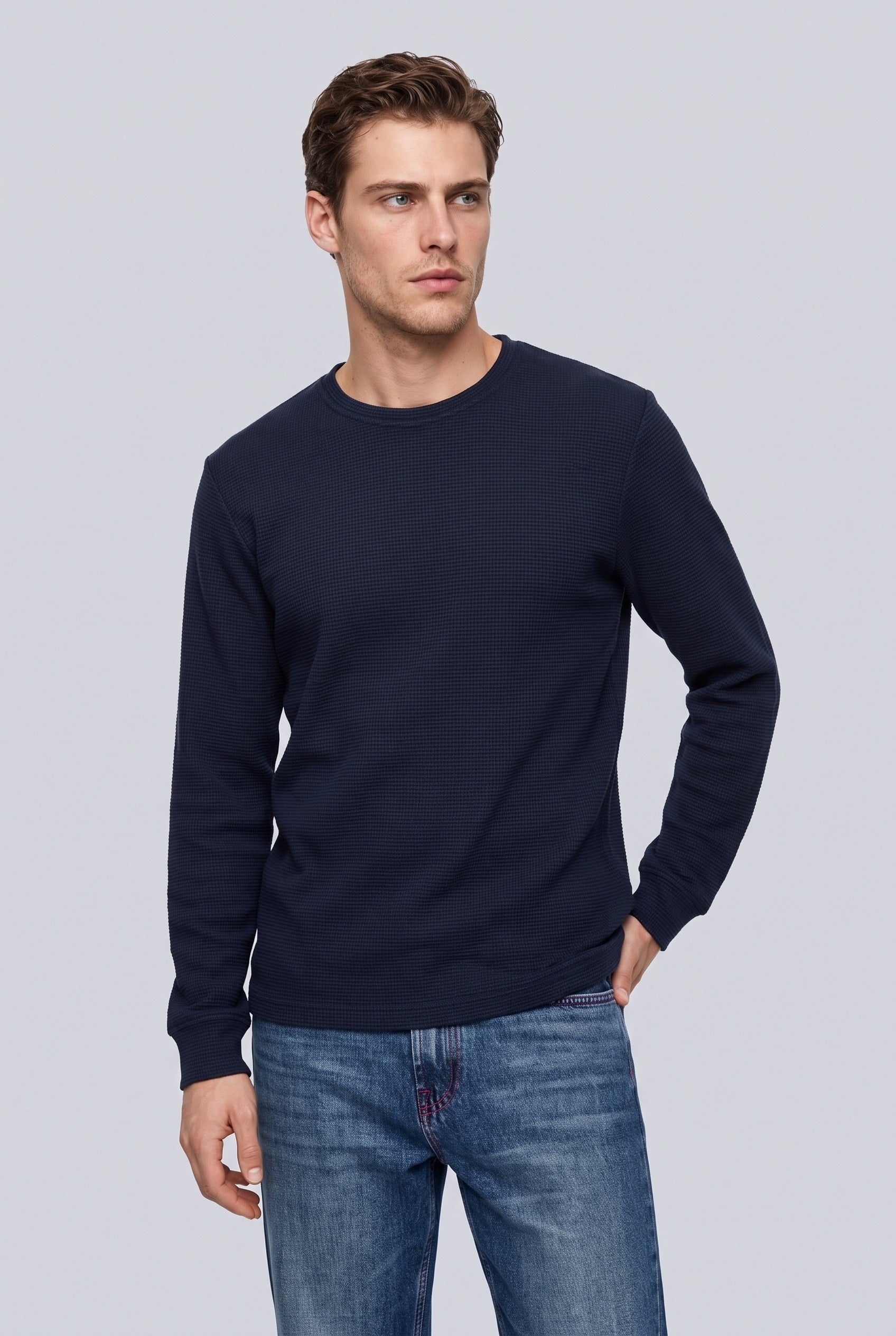 Erkek Waffle Dokulu Regular Fit Sweatshirt Lacivert
