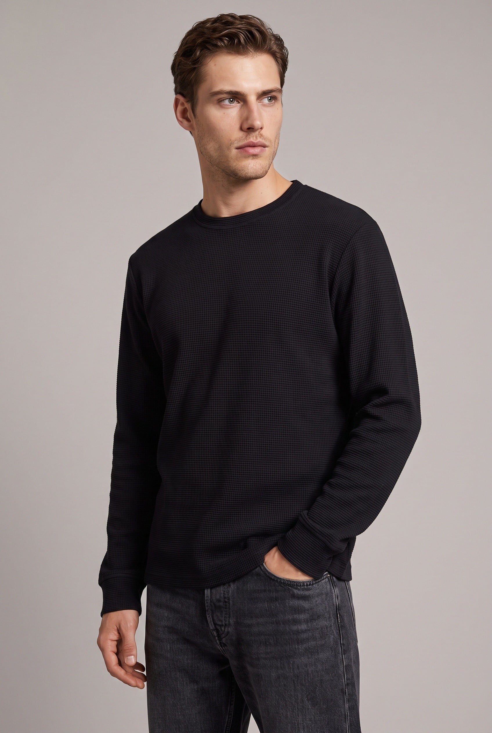 Erkek Waffle Dokulu Regular Fit Sweatshirt Siyah