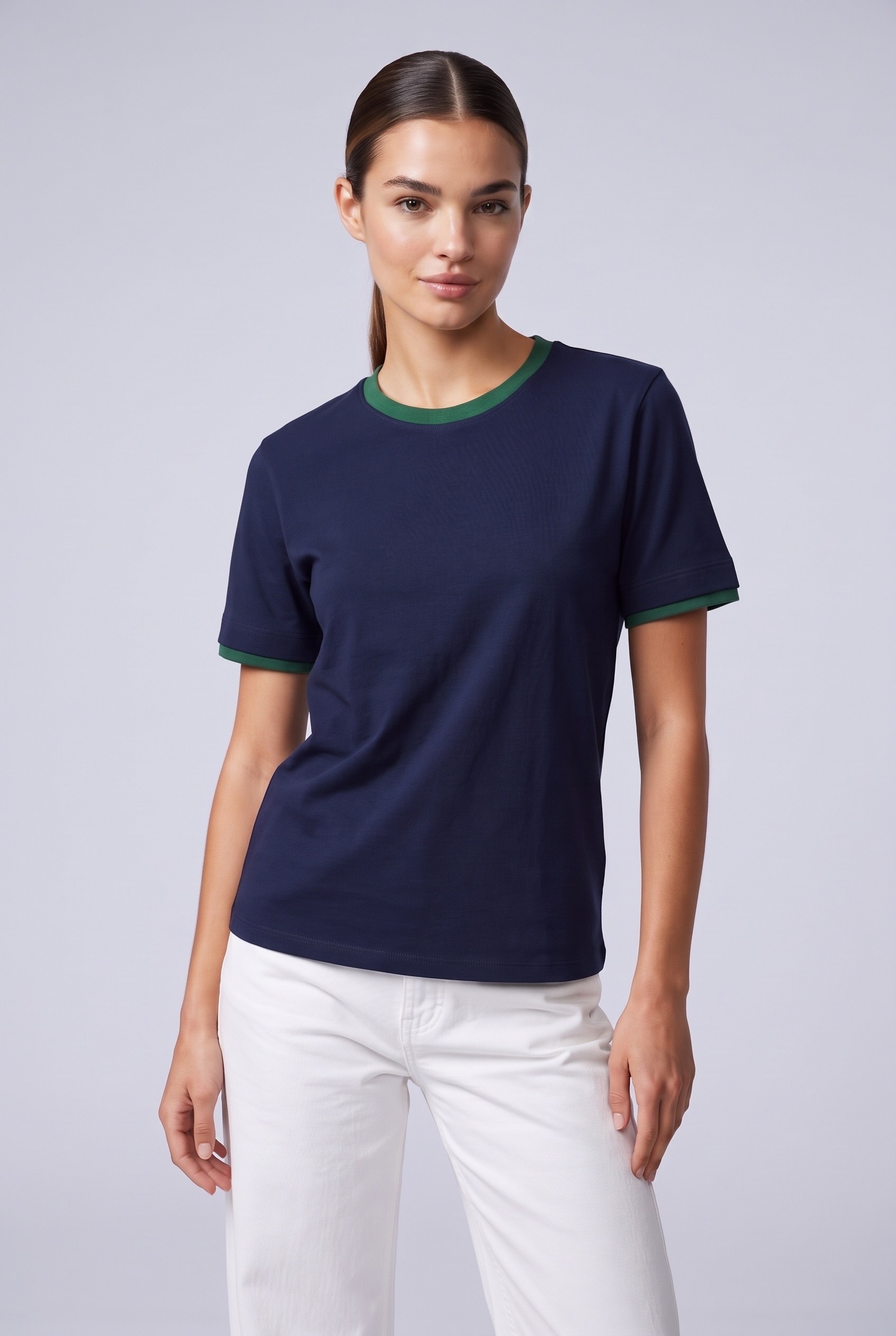 Kadın %100 Pamuk Çift Kat Görünümlü İnterlok T-Shirt Lacivert
