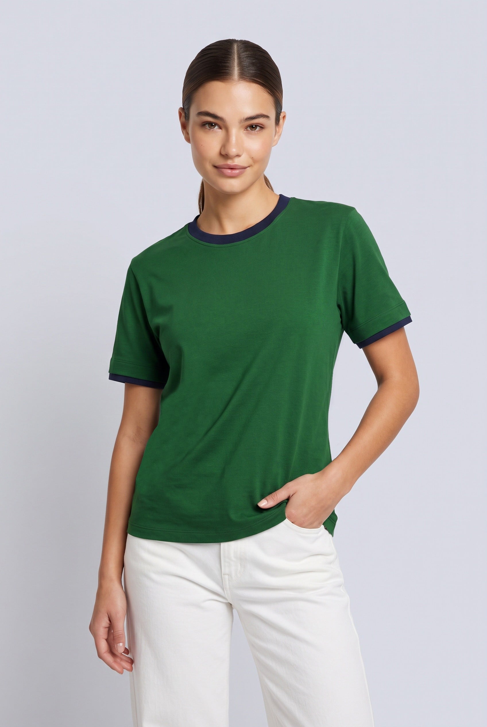 Kadın %100 Pamuk Çift Kat Görünümlü İnterlok T-Shirt Yeşil