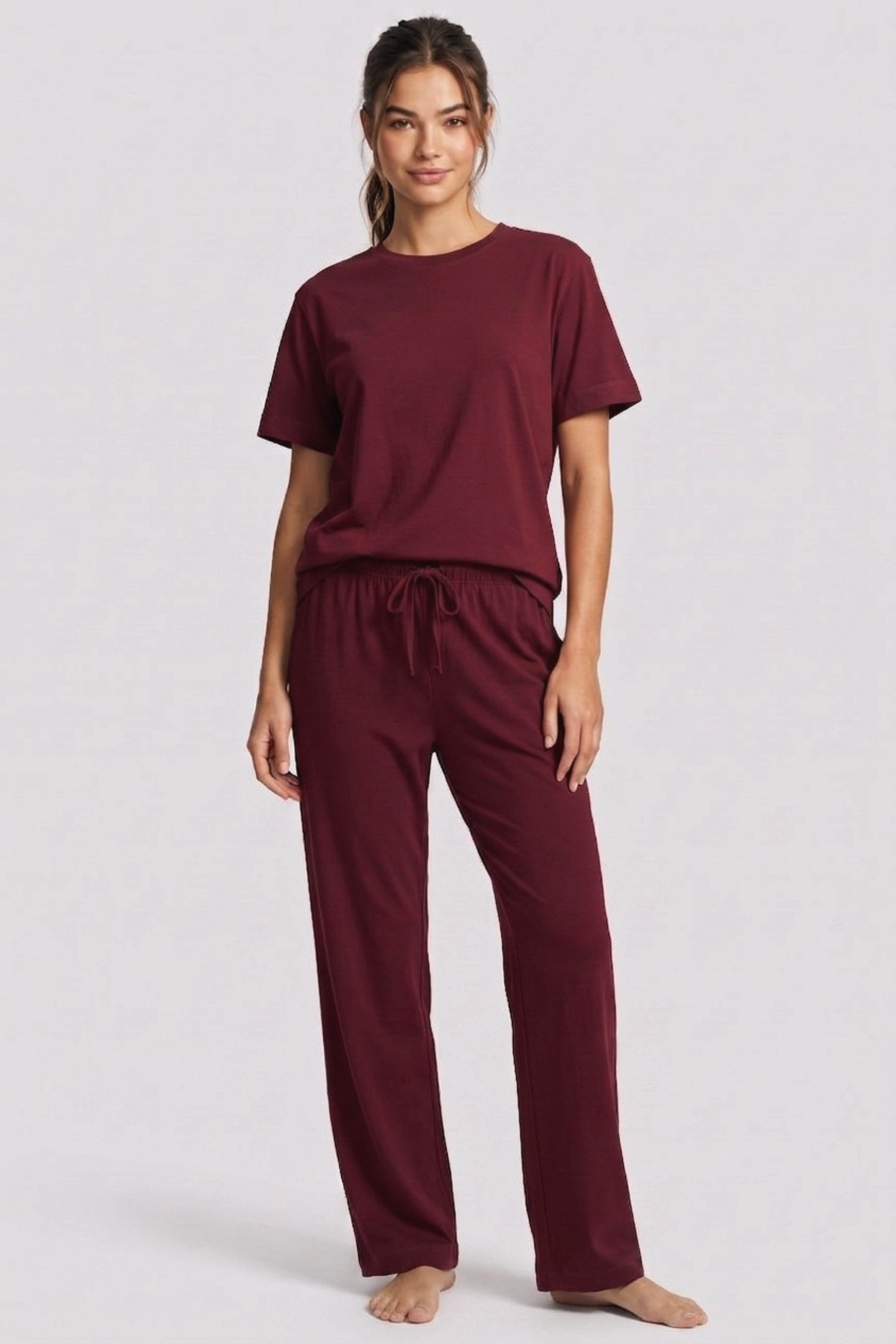 Kadın %100 Pamuk Kısa Kollu Pijama Takımı Bordo