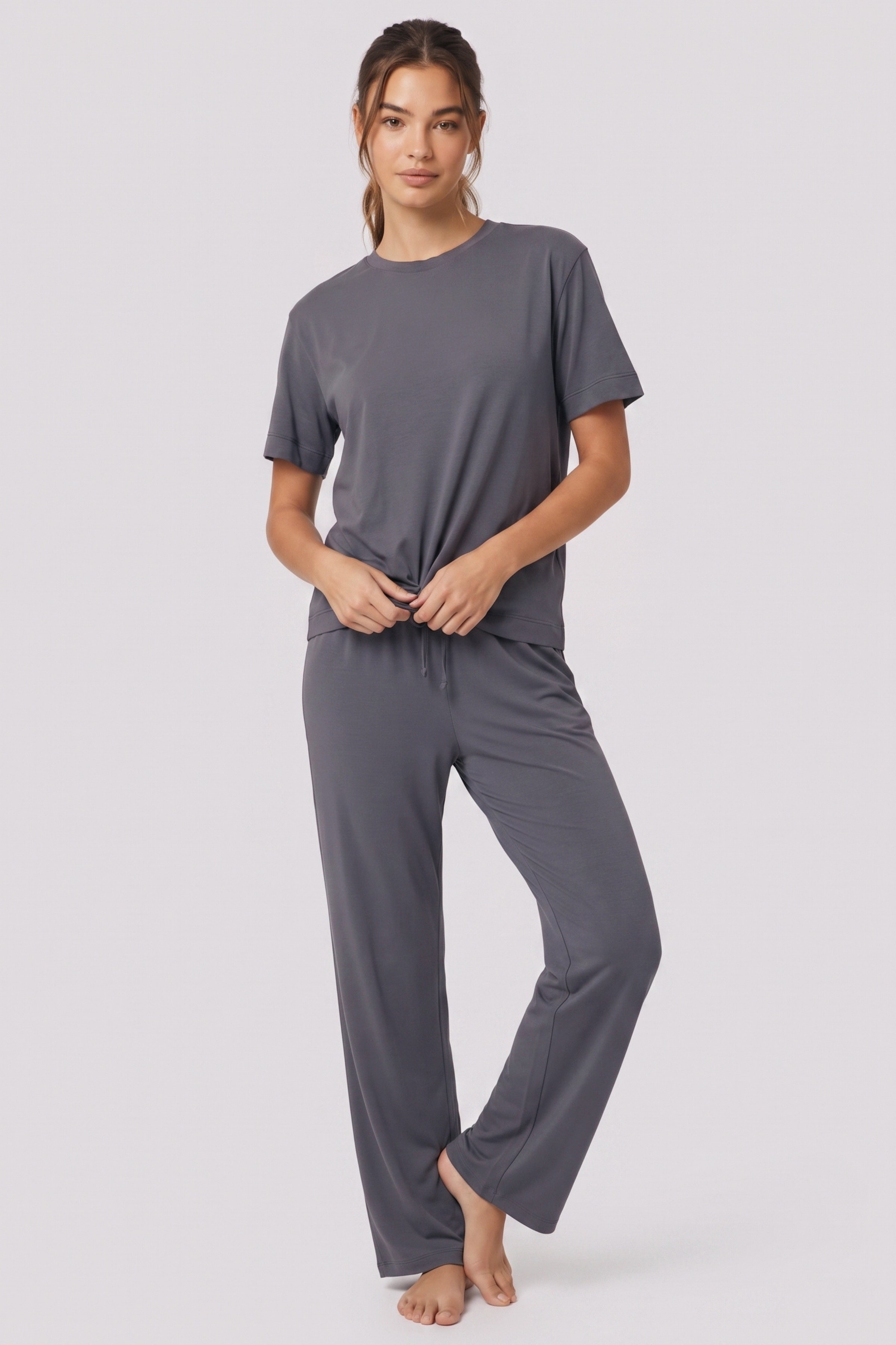 Kadın %100 Pamuk Kısa Kollu Pijama Takımı Füme