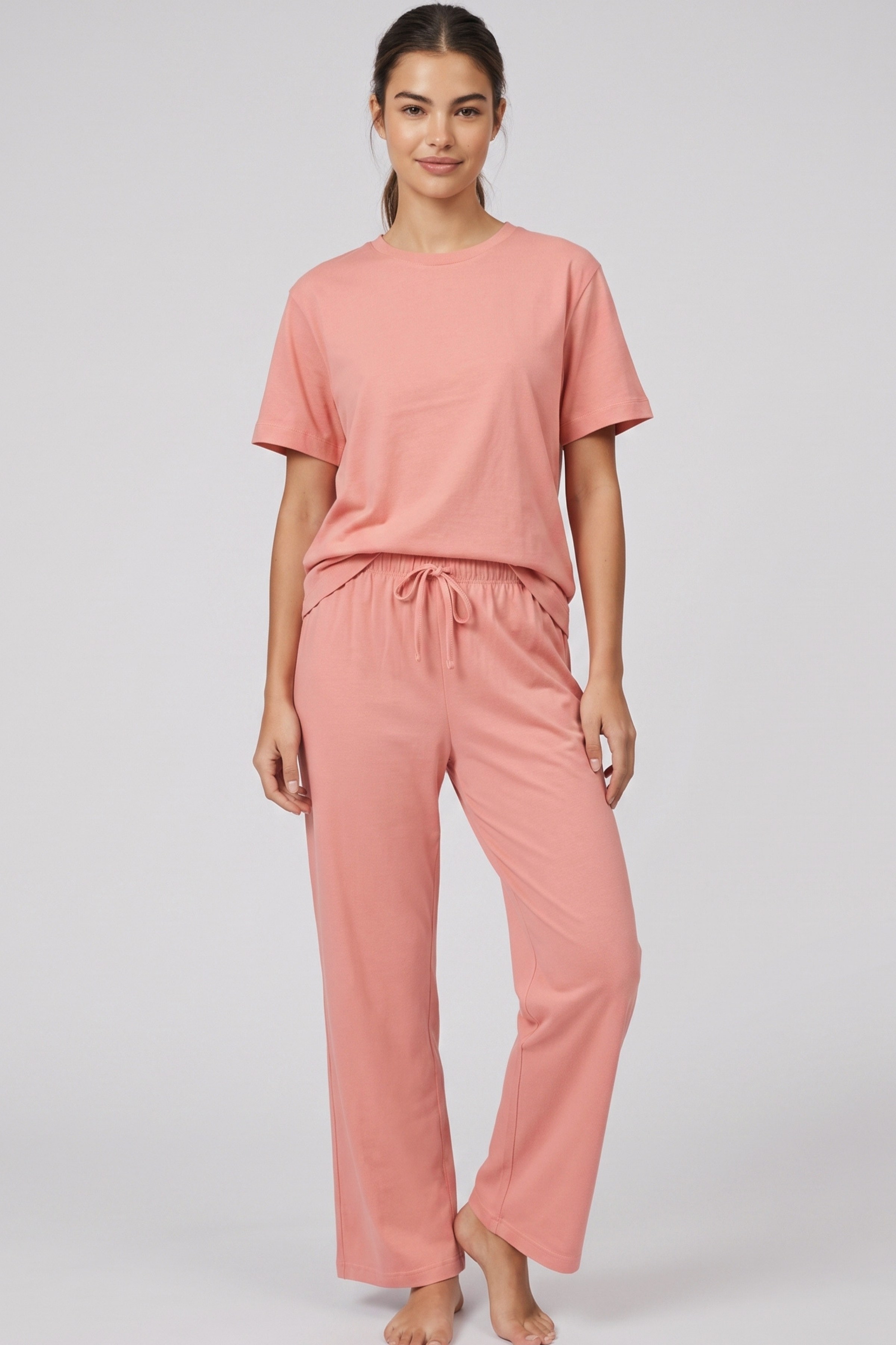 Kadın %100 Pamuk Kısa Kollu Pijama Takımı Pembe