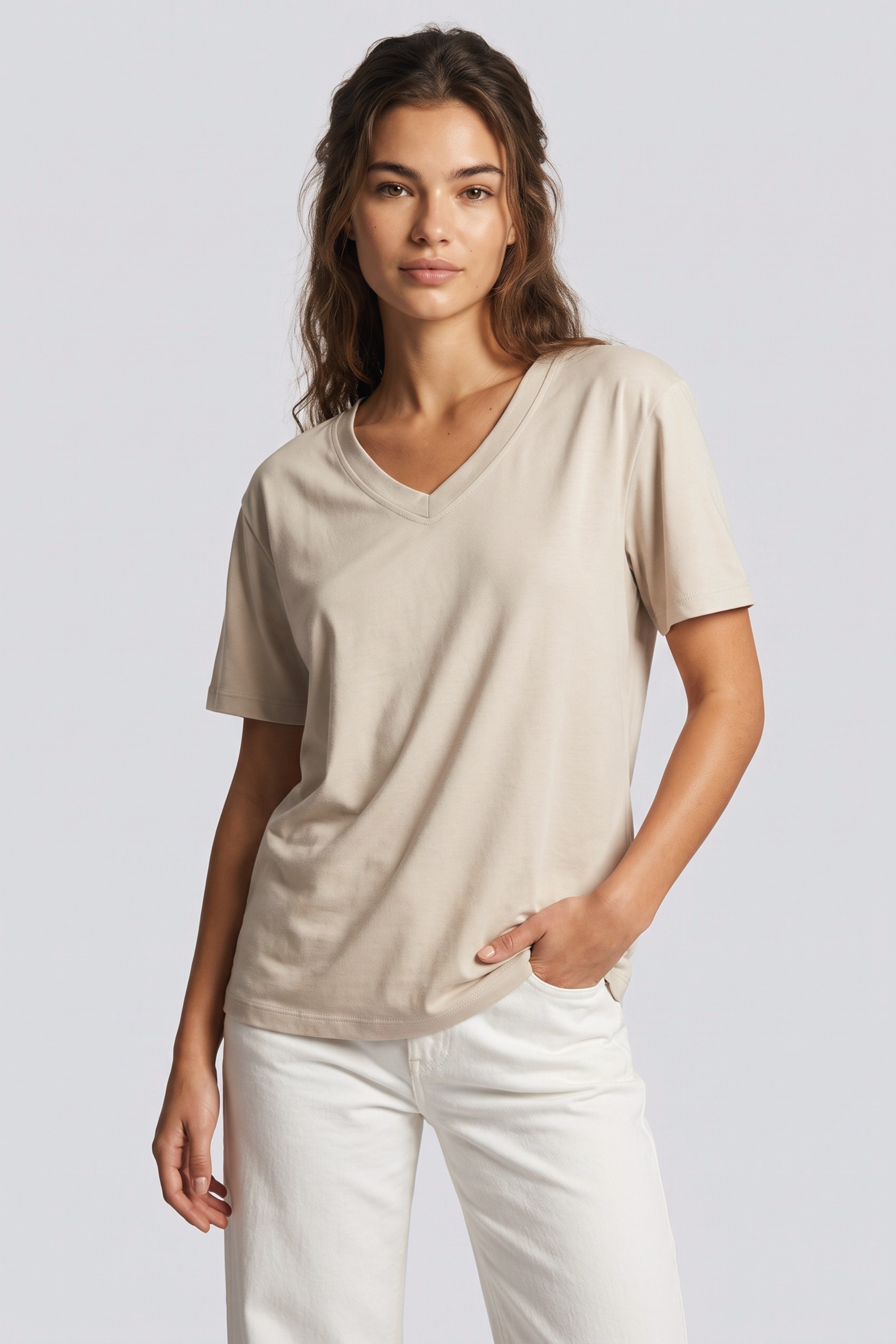 Kadın %100 Pamuk V Yaka T-Shirt Bej