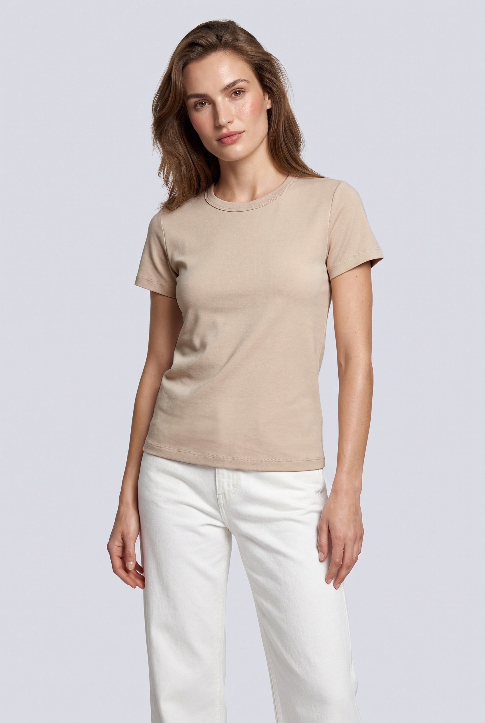 Kadın Bisiklet Yaka İnterlok T-Shirt Bej