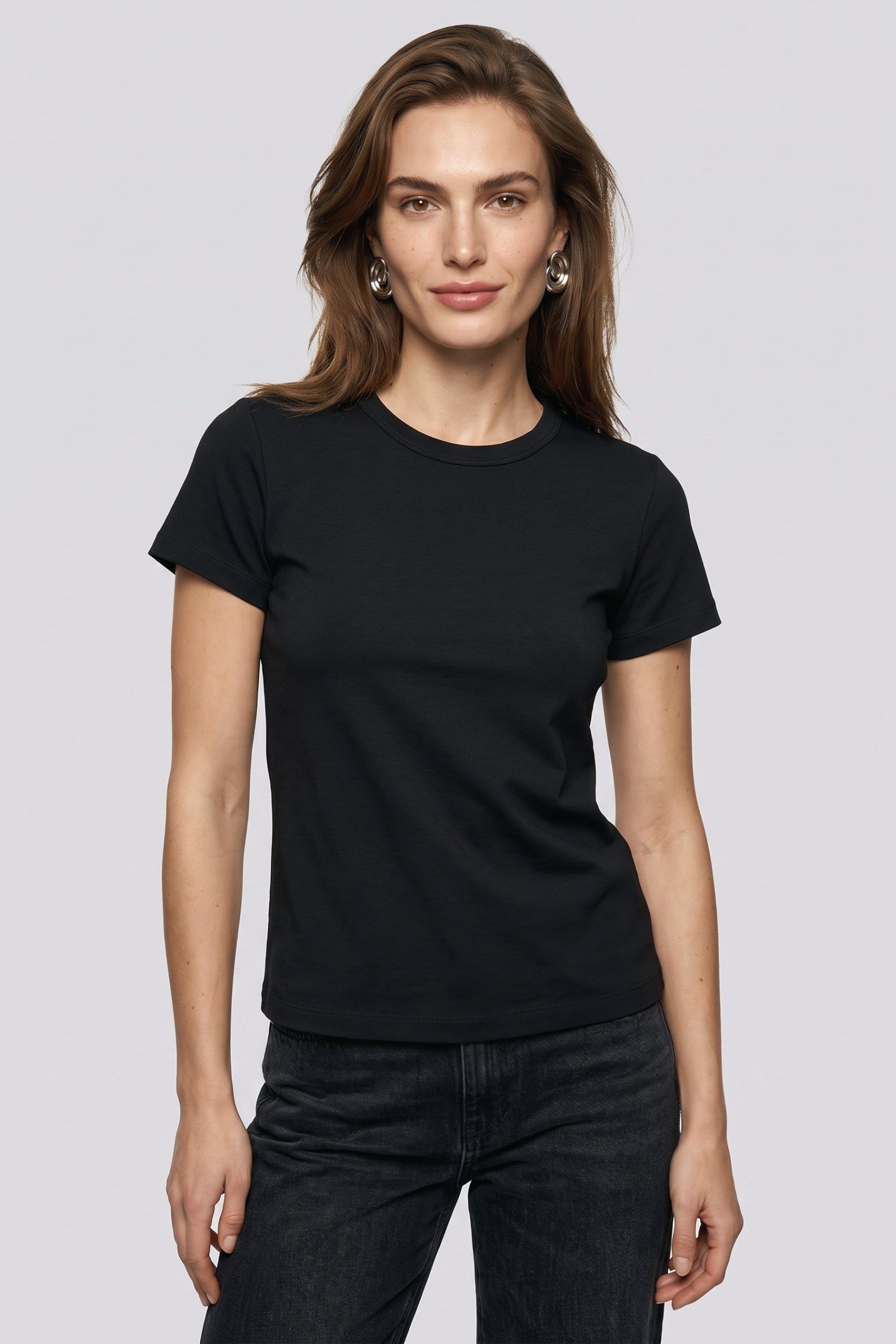 Kadın Bisiklet Yaka İnterlok T-Shirt Siyah