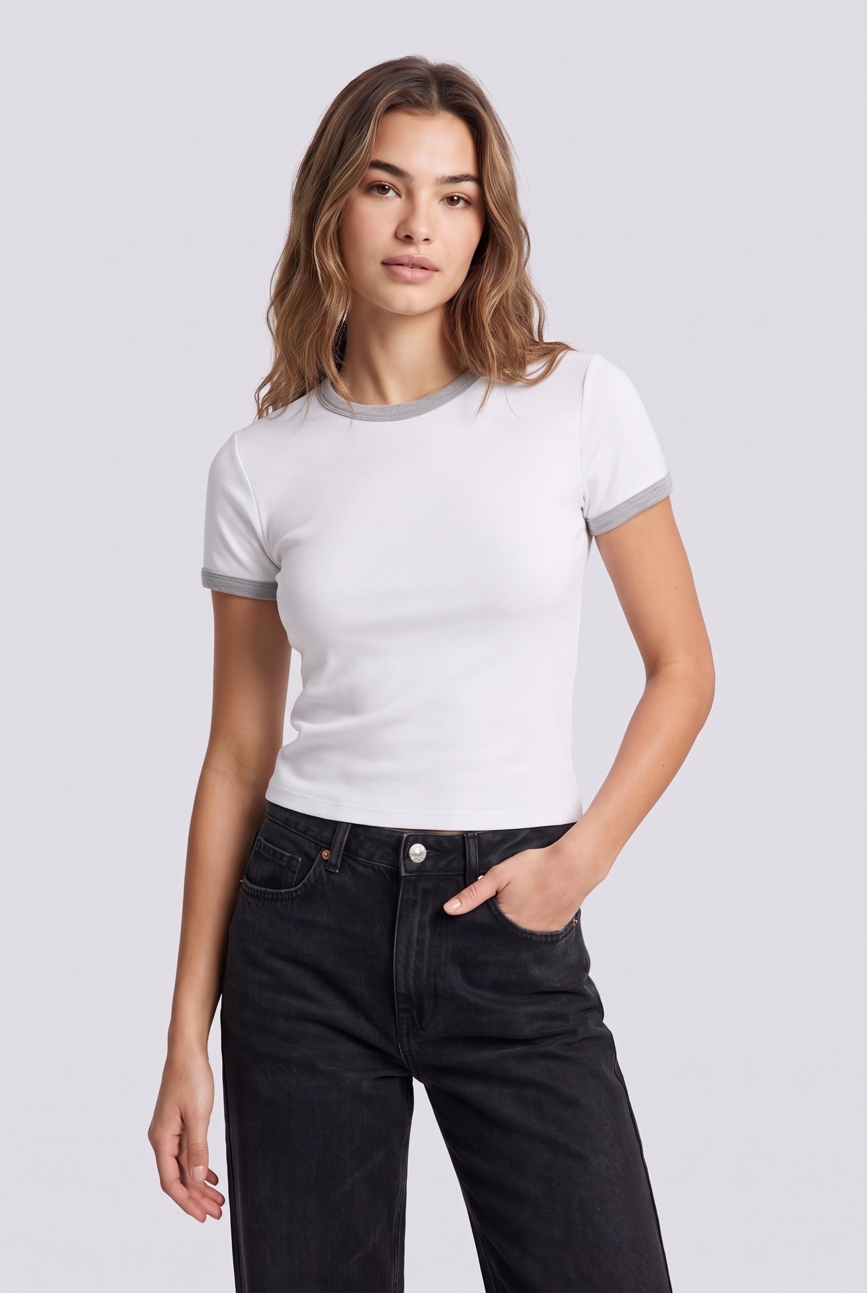 Kadın Bisiklet Yaka Ringer T-Shirt Gri Melanj