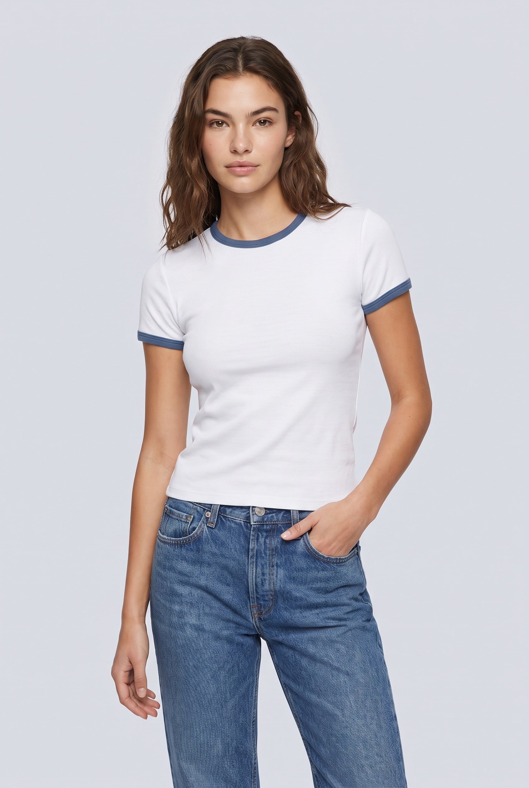 Kadın Bisiklet Yaka Ringer T-Shirt Mavi