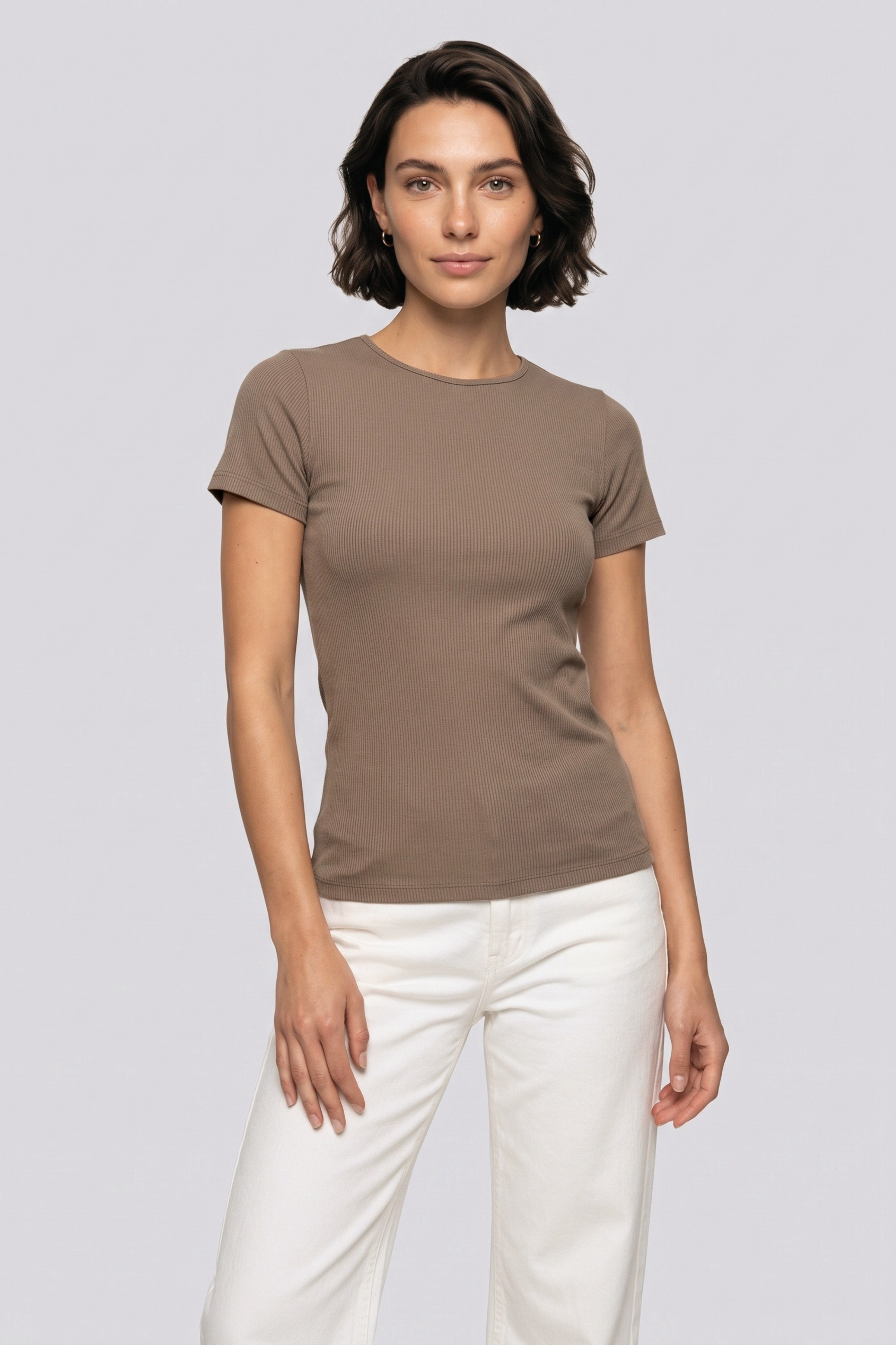 Kadın Fitilli Kısa Kollu T-Shirt Kahverengi