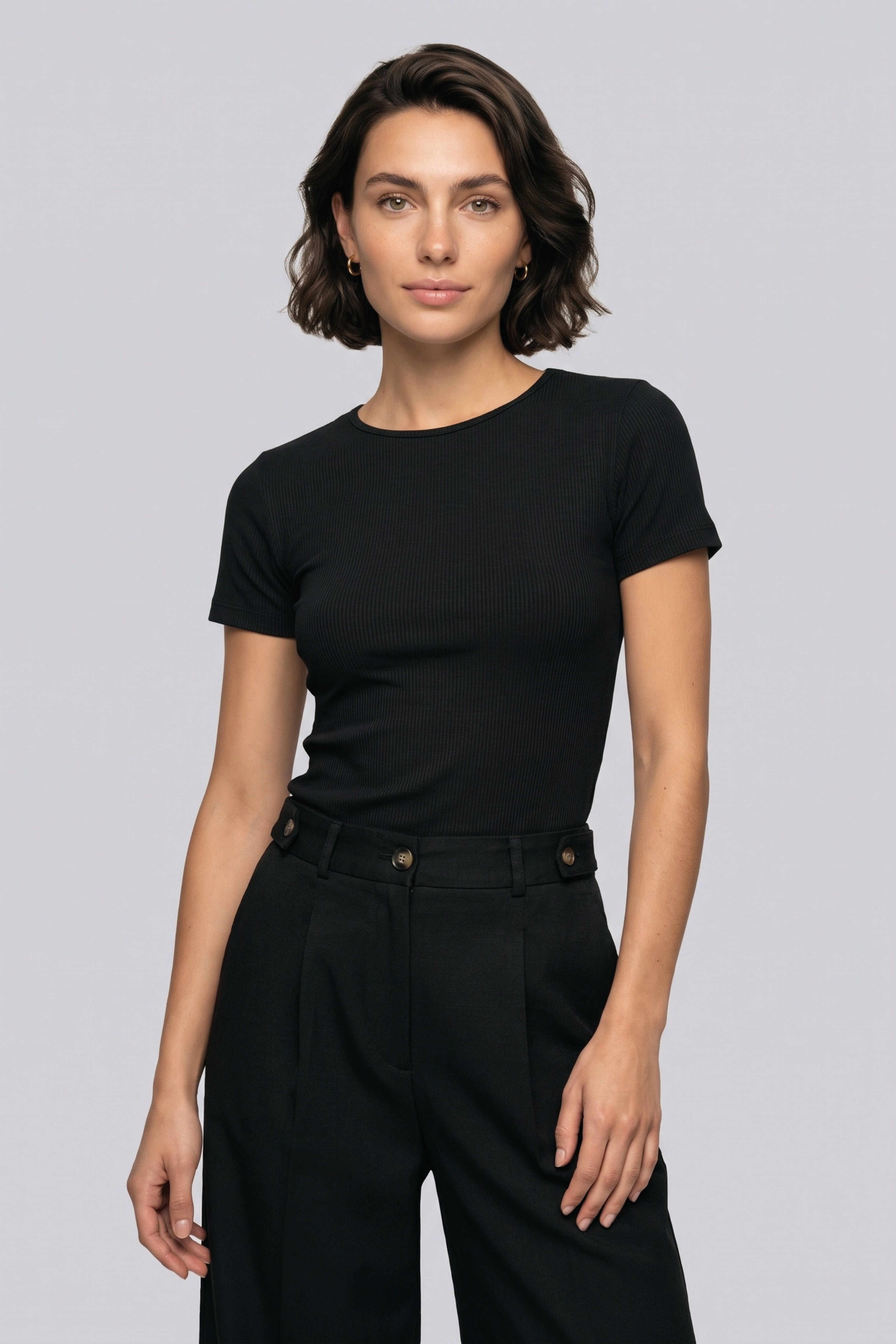 Kadın Fitilli Kısa Kollu T-Shirt Siyah