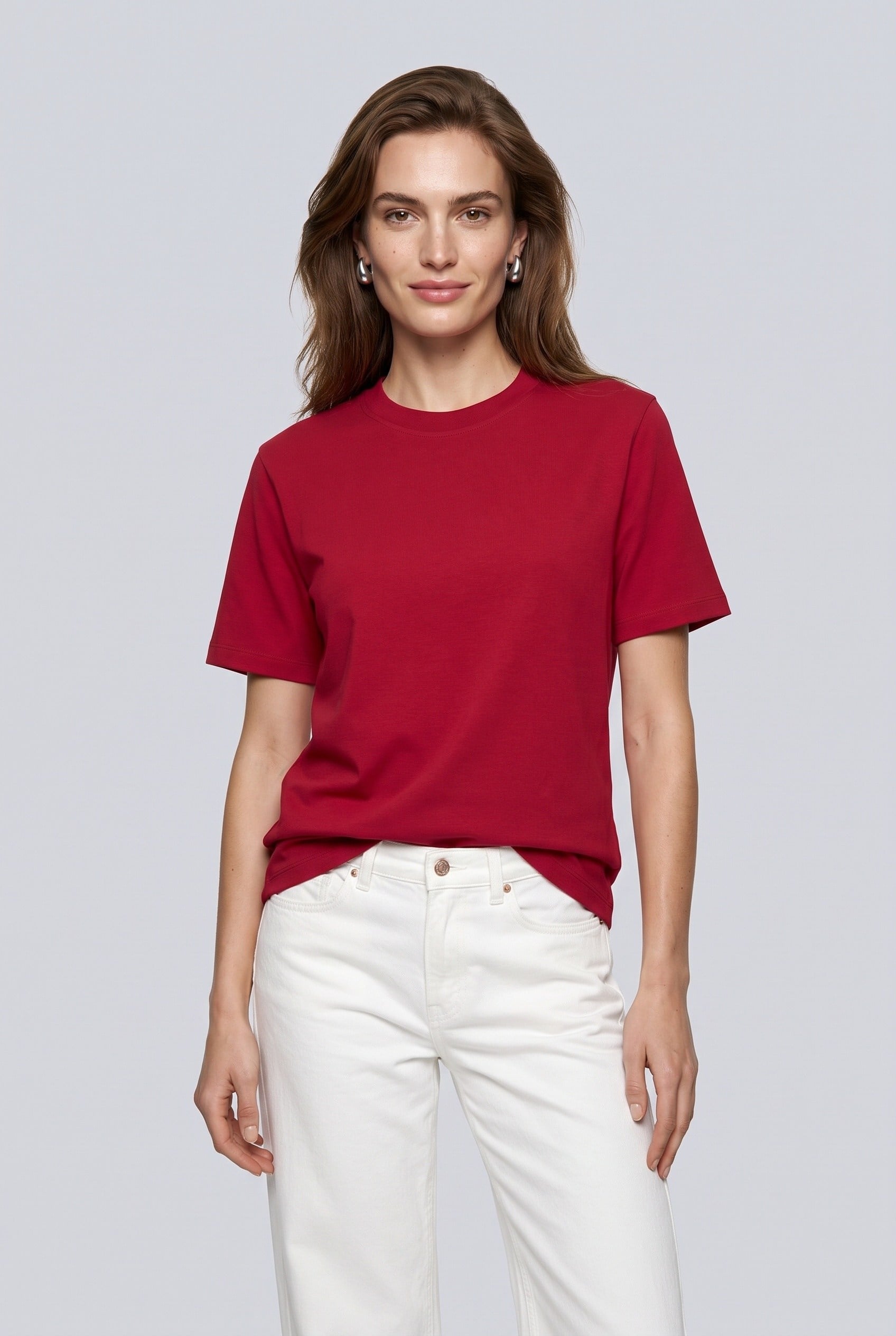 Kadın İnterlok Basic Kısa Kollu T-Shirt Bordo