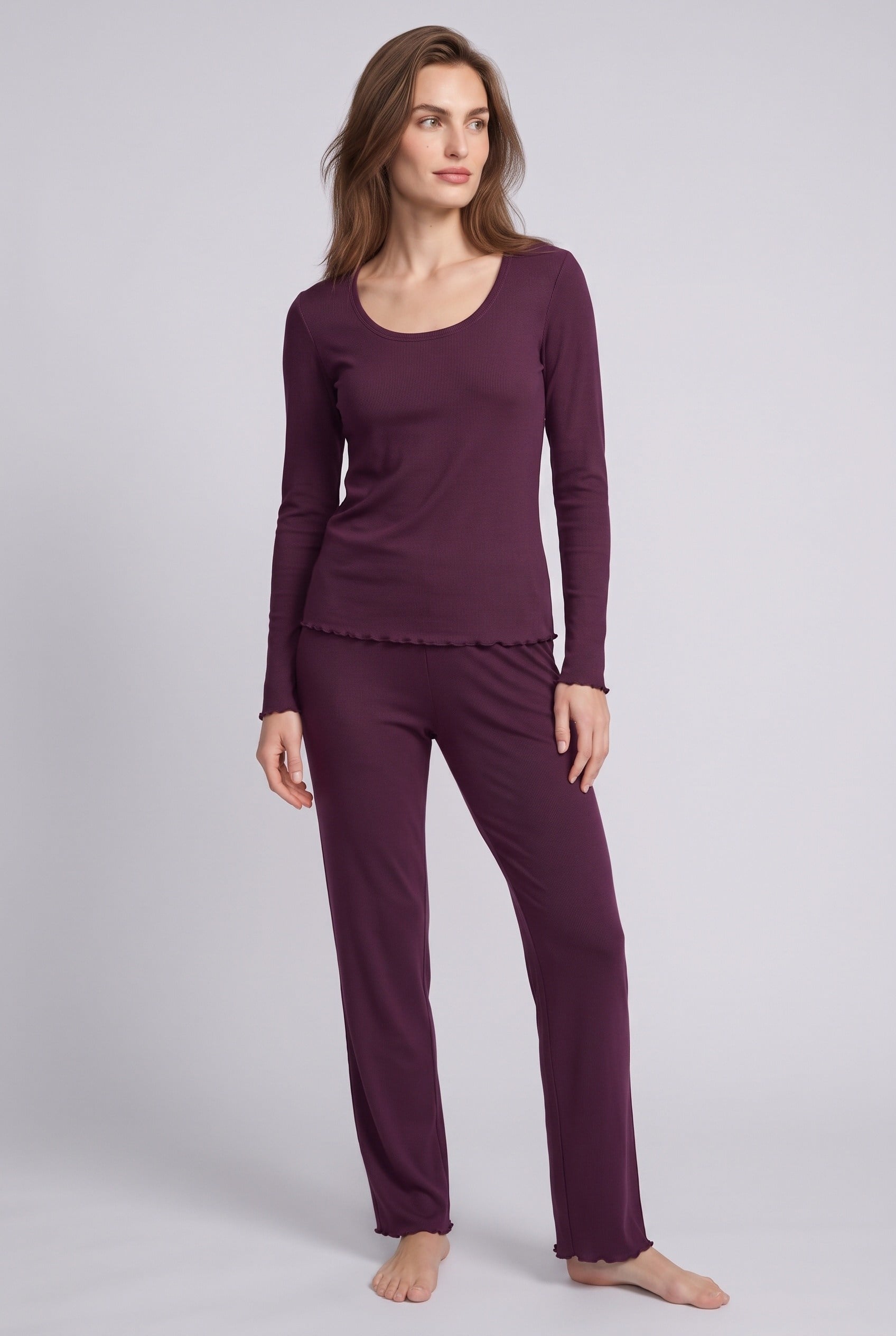 Kadın Modal Fitilli Pijama Takımı Mürdüm