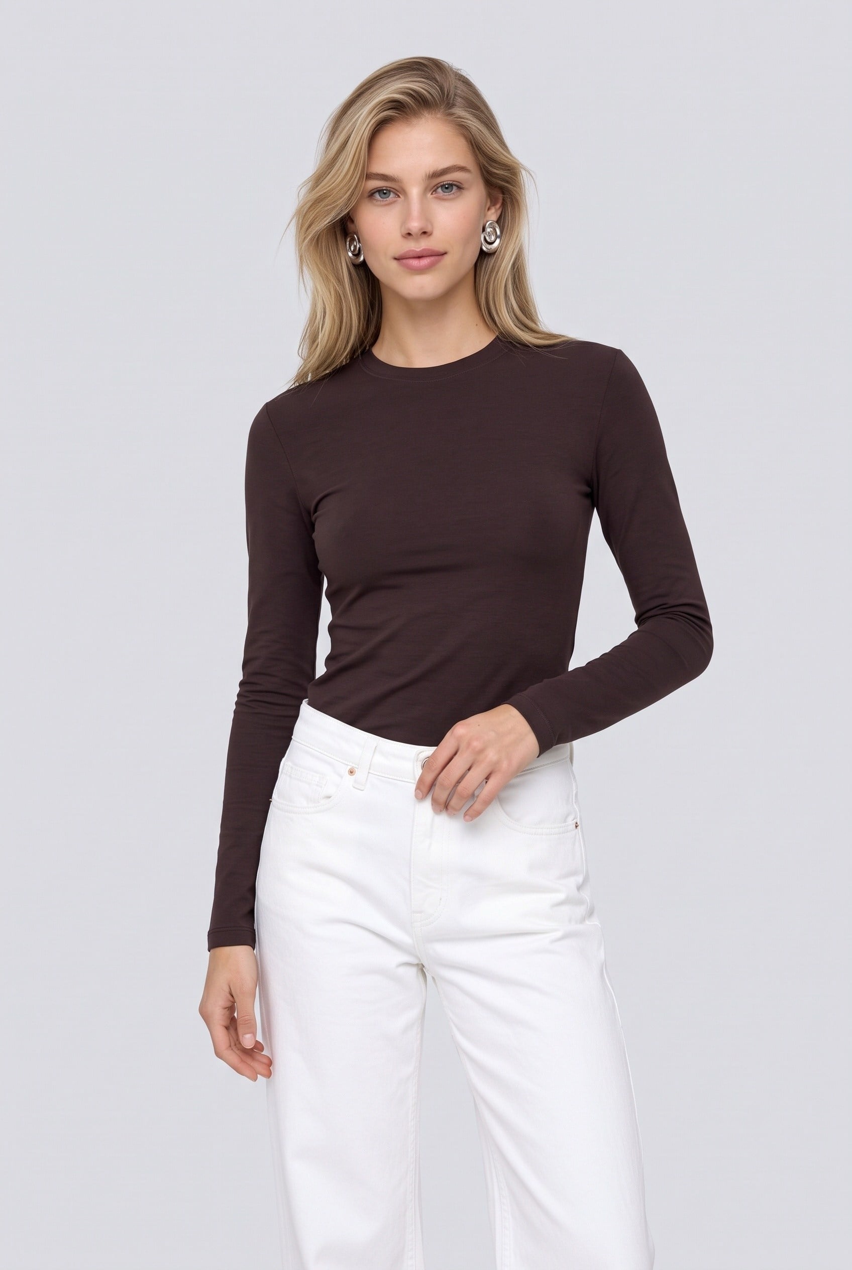 Kadın Viskon Slim Fit Uzun Kollu T-Shirt Kahverengi