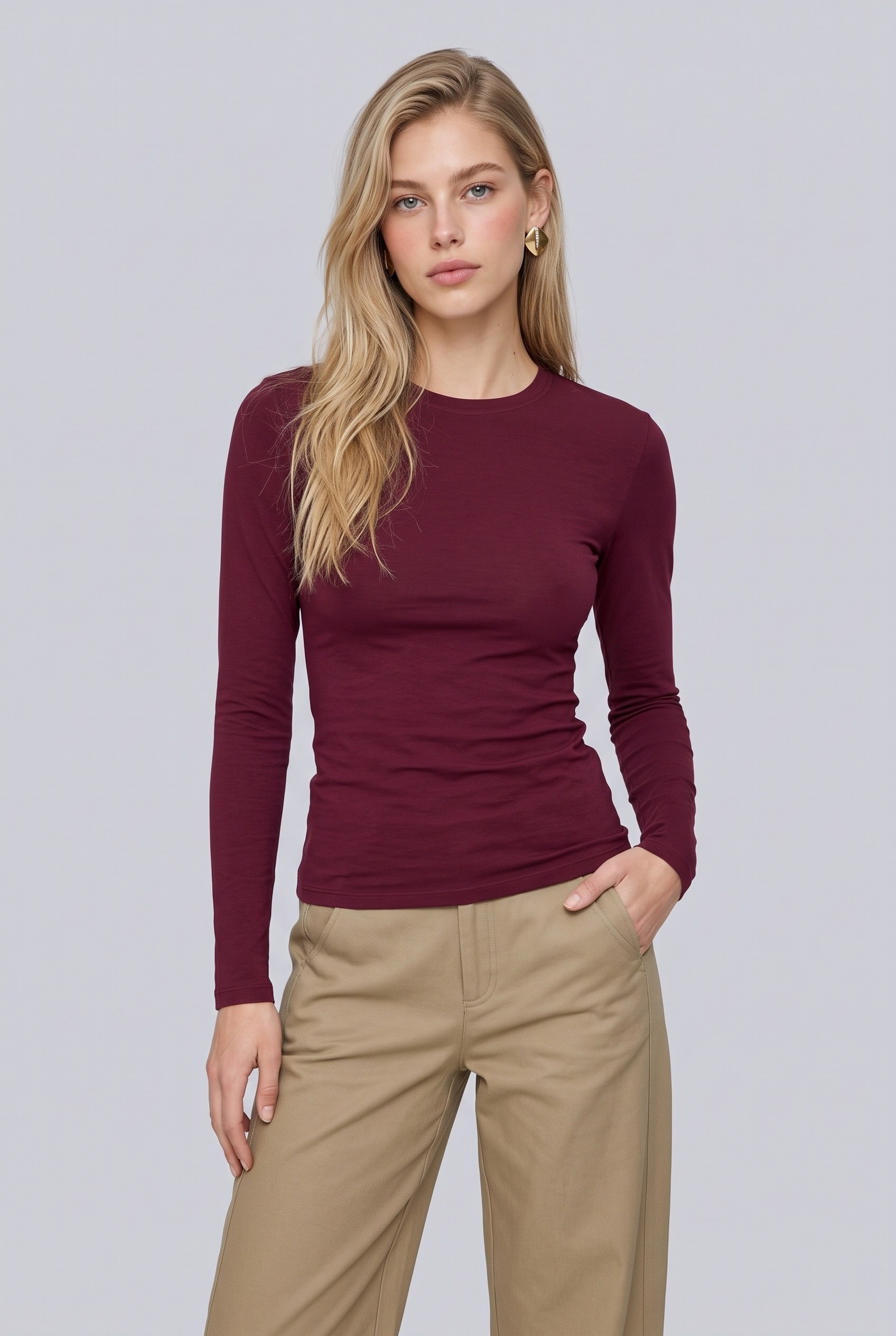 Kadın Viskon Slim Fit Uzun Kollu T-Shirt Bordo