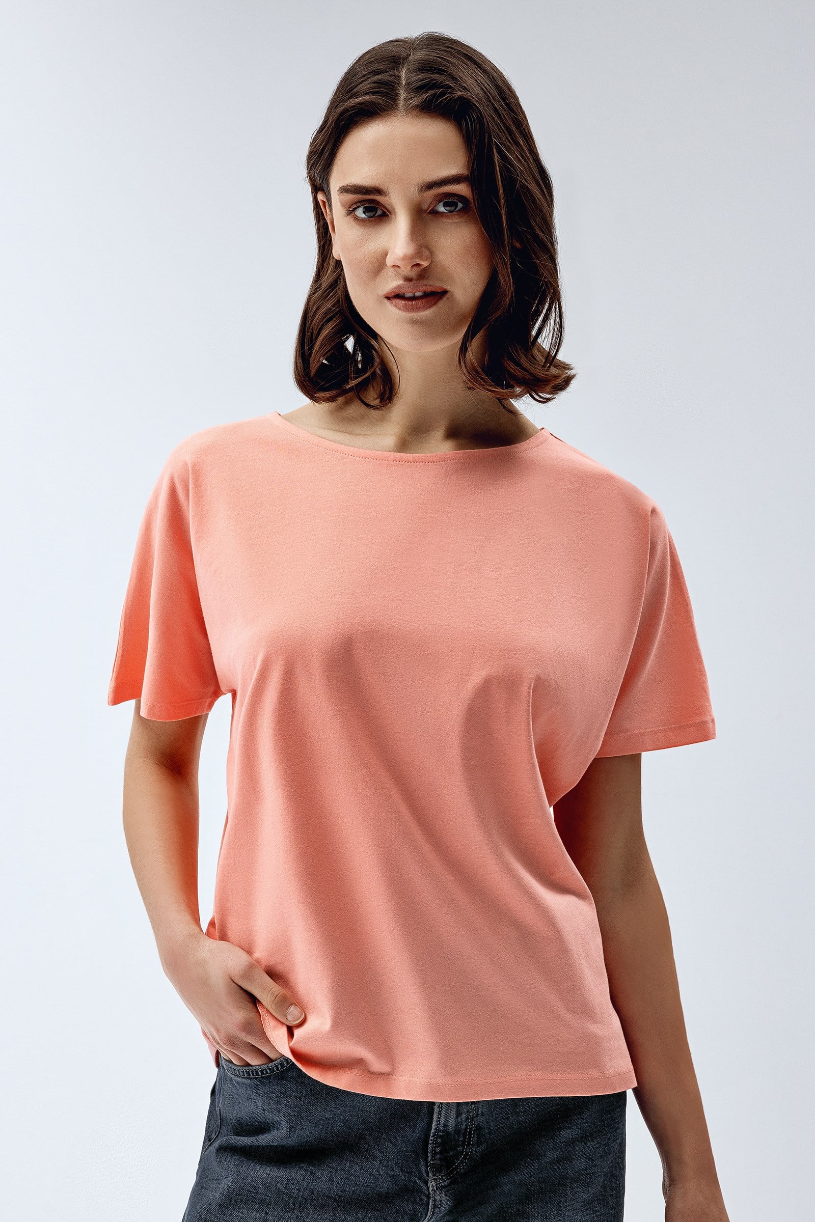 Kadın Yarasa Kol %100 Pamuk T-Shirt Pembe