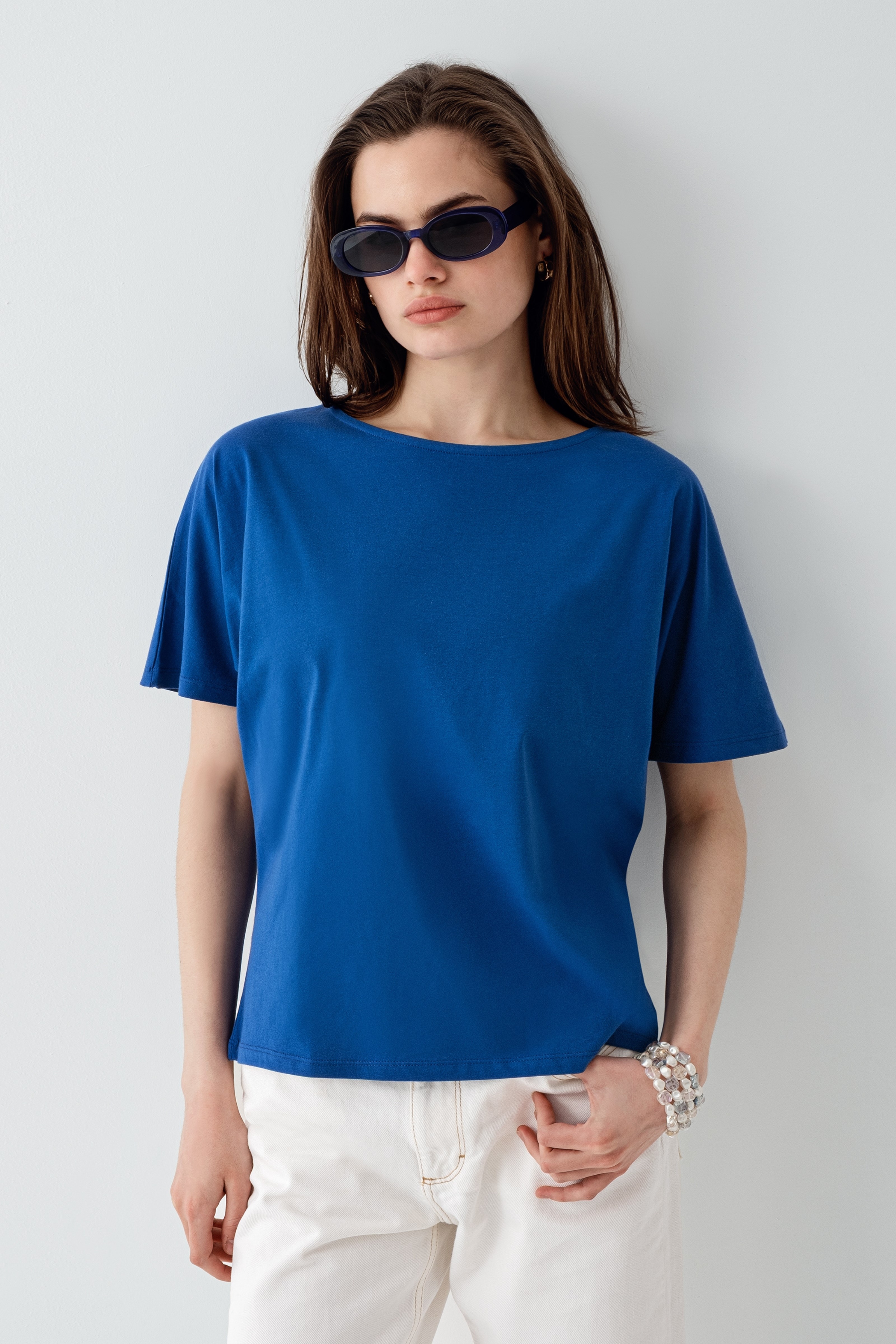 Kadın Yarasa Kol %100 Pamuk T-Shirt Saks