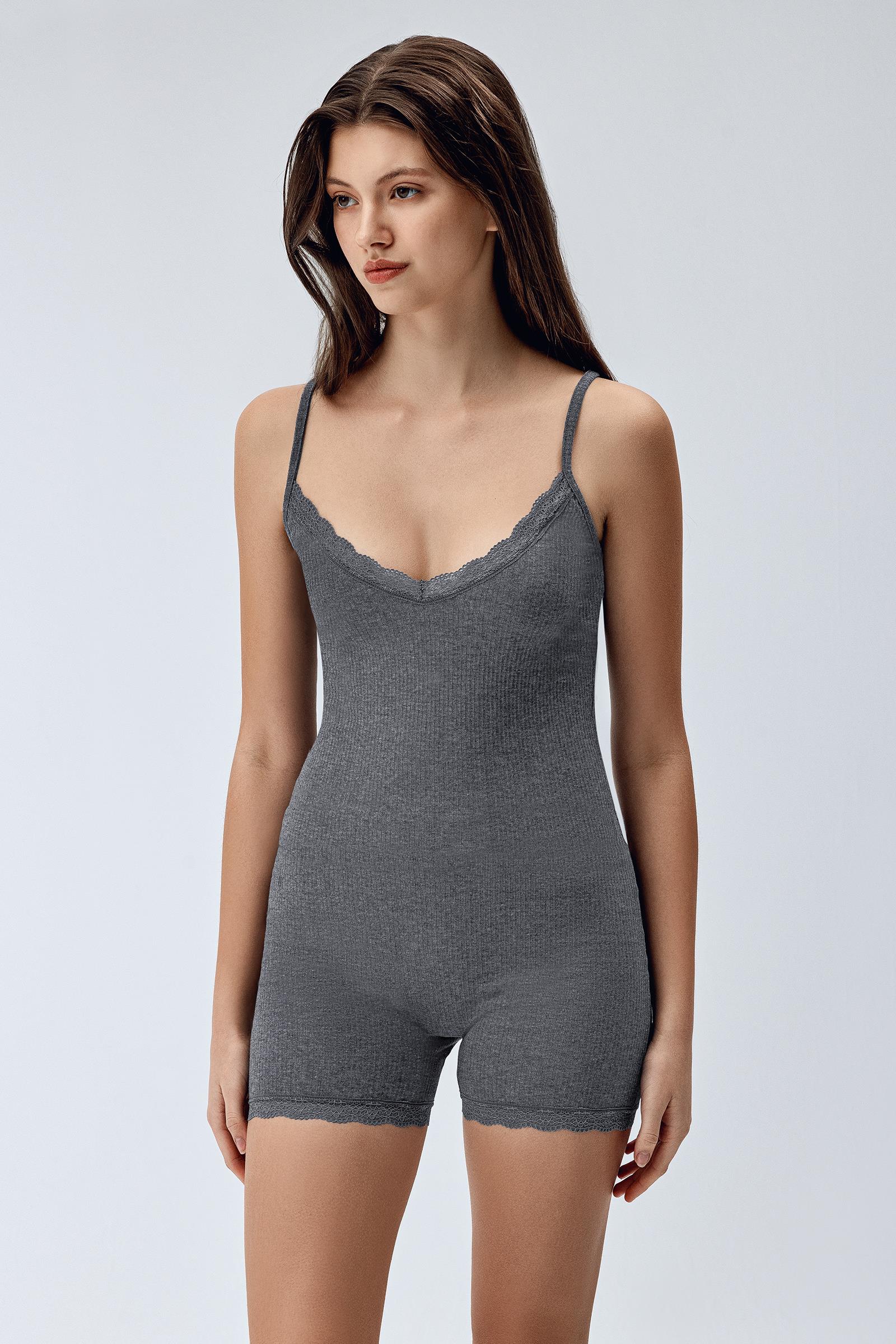Brix Gri Renk Kadın Fitilli Body Tulum