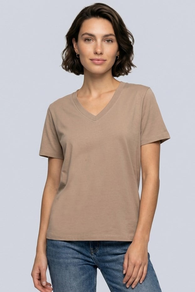 Brix Kadın %100 Pamuk V Yaka T-Shirt 3536  Vizon Renk