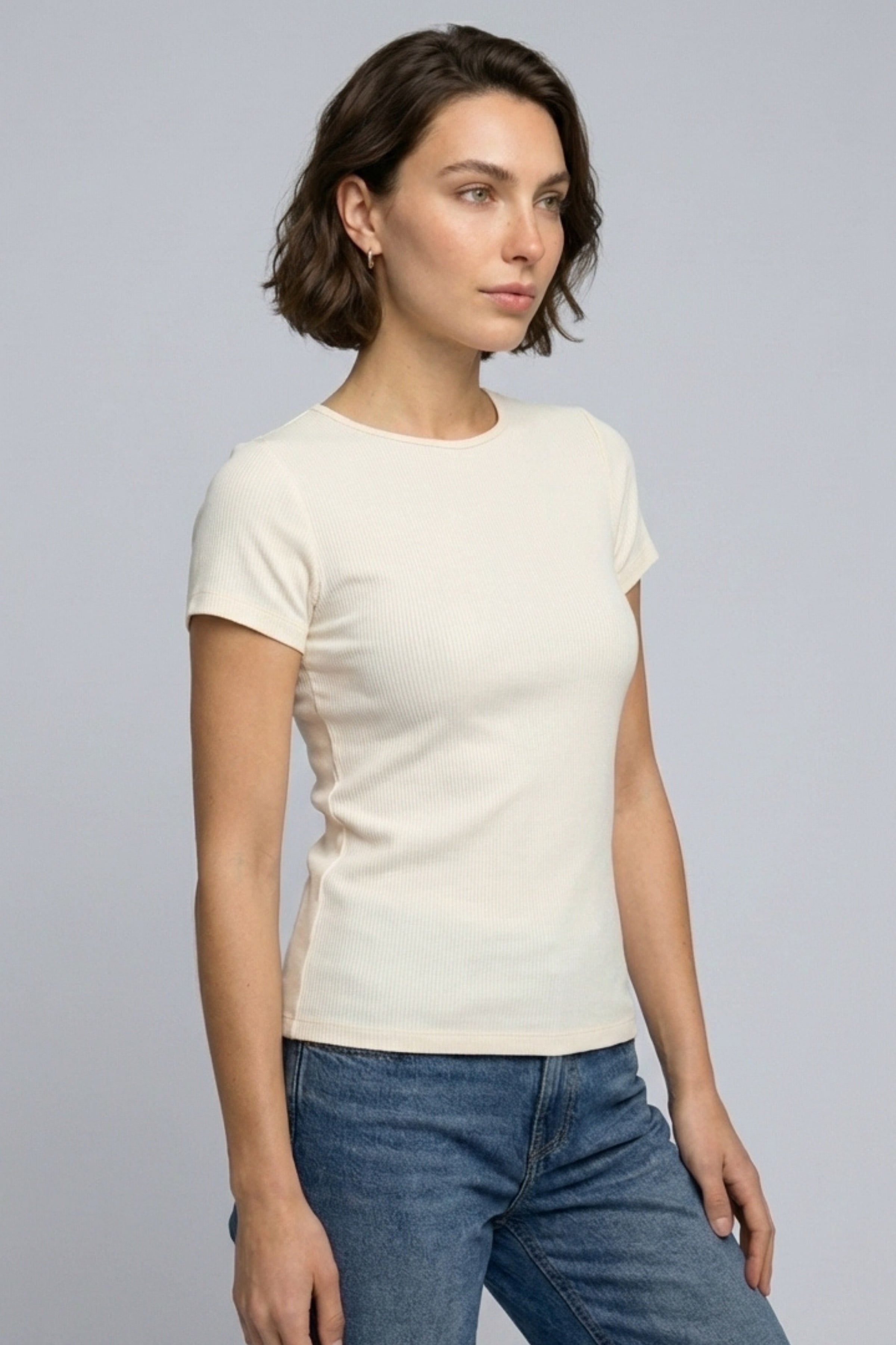 Brix Kadın Fitilli Kısa Kollu T-Shirt 3515  Ekru Renk