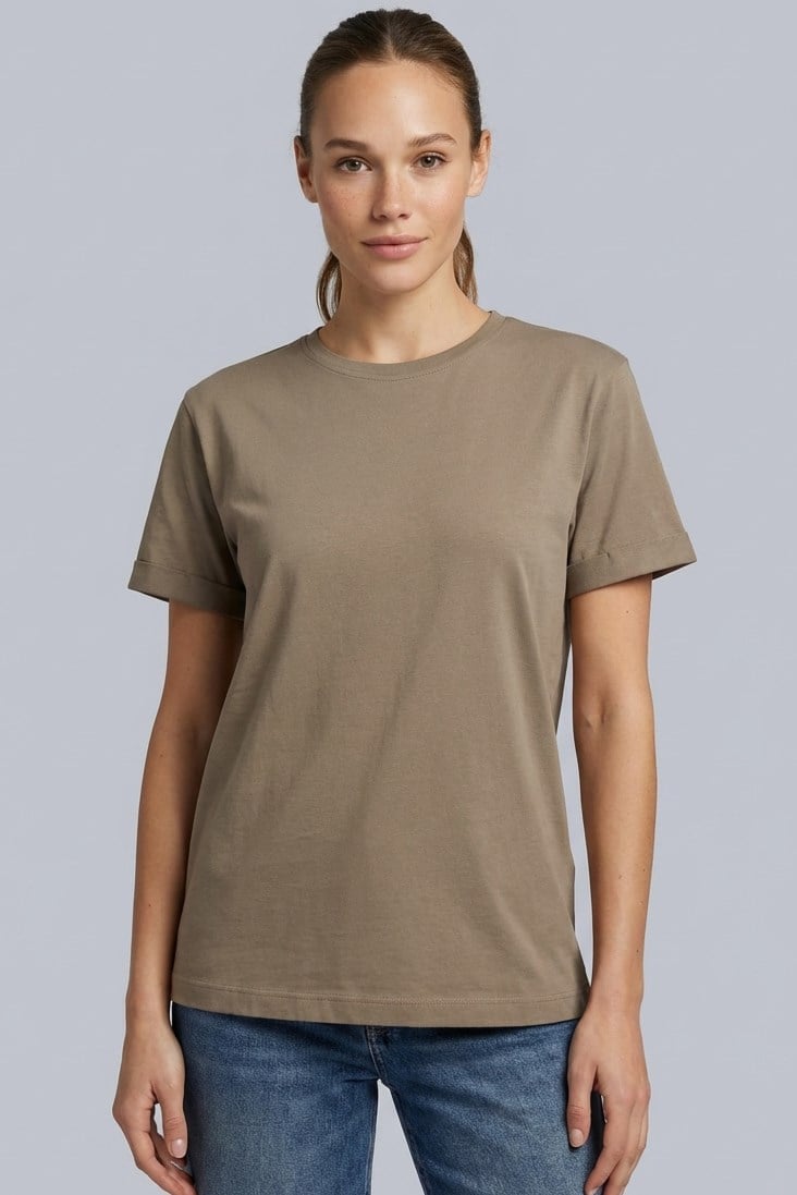 Brix Kadın Kısa Kollu Rahat Kalıp %100 Pamuk T-Shirt 3507  Koyu Vizon Renk