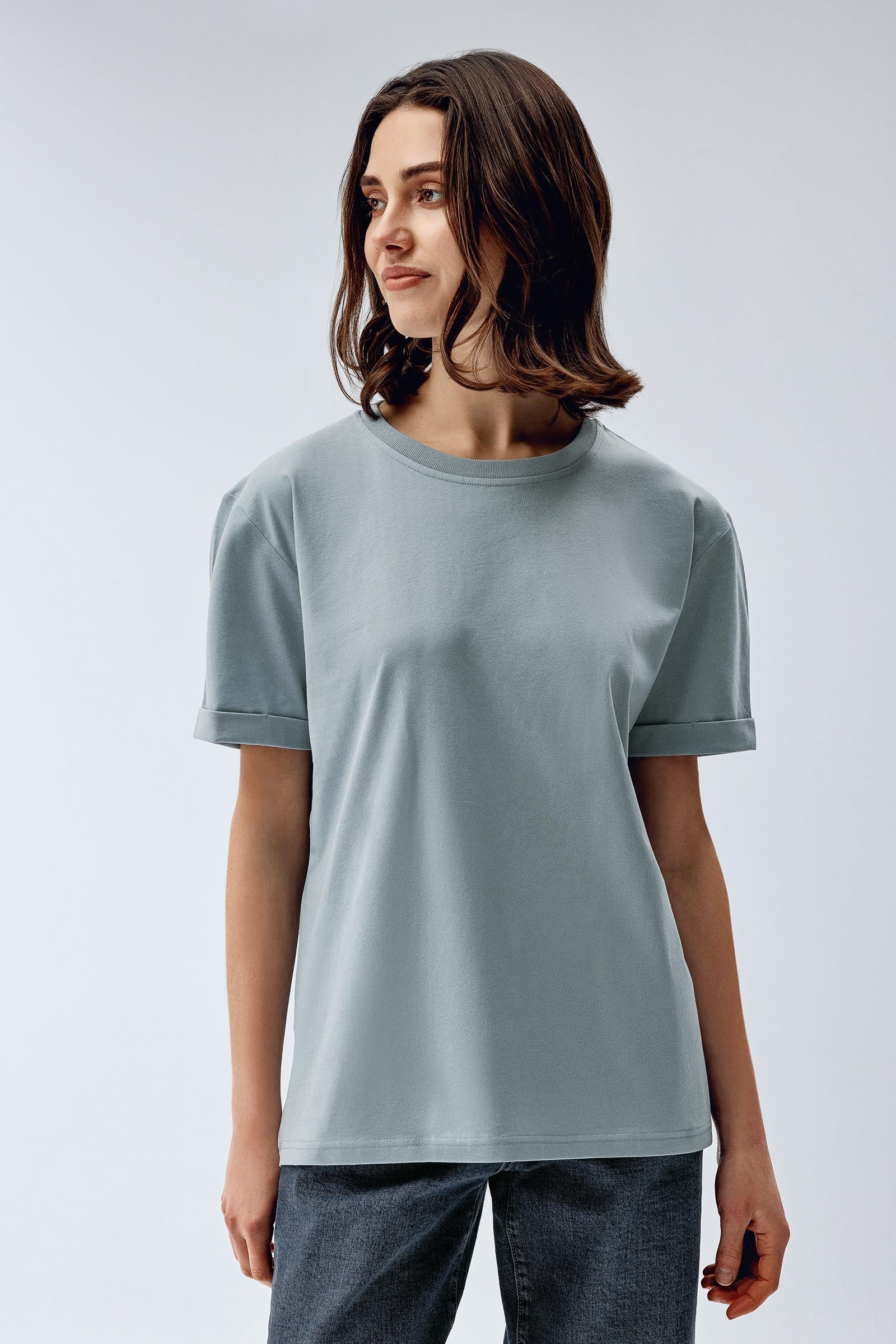 Brix Mavi Renk Kadın Kısa Kollu Rahat Kalıp T-Shirt