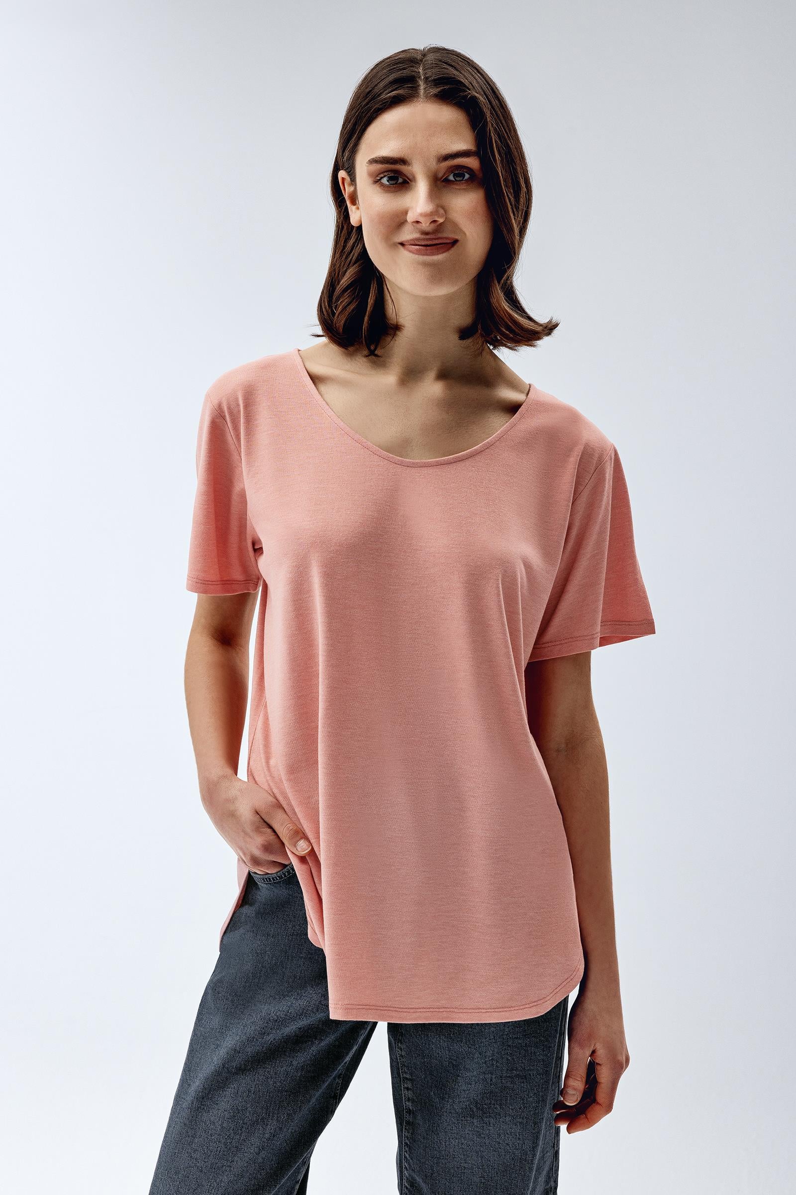 Brix Pembe Renk Kadın V Yaka T-Shirt