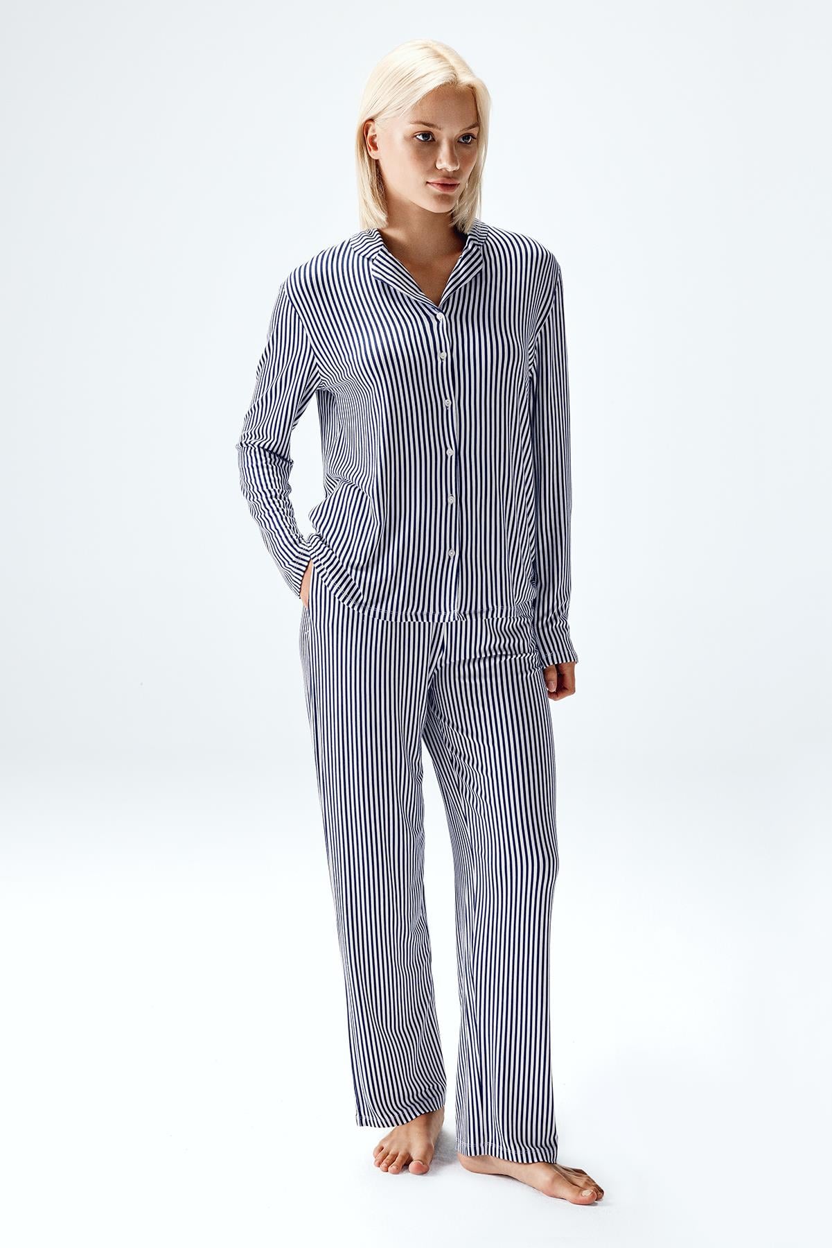 Kadın Viskon Düğmeli Viskon Pijama Takımı