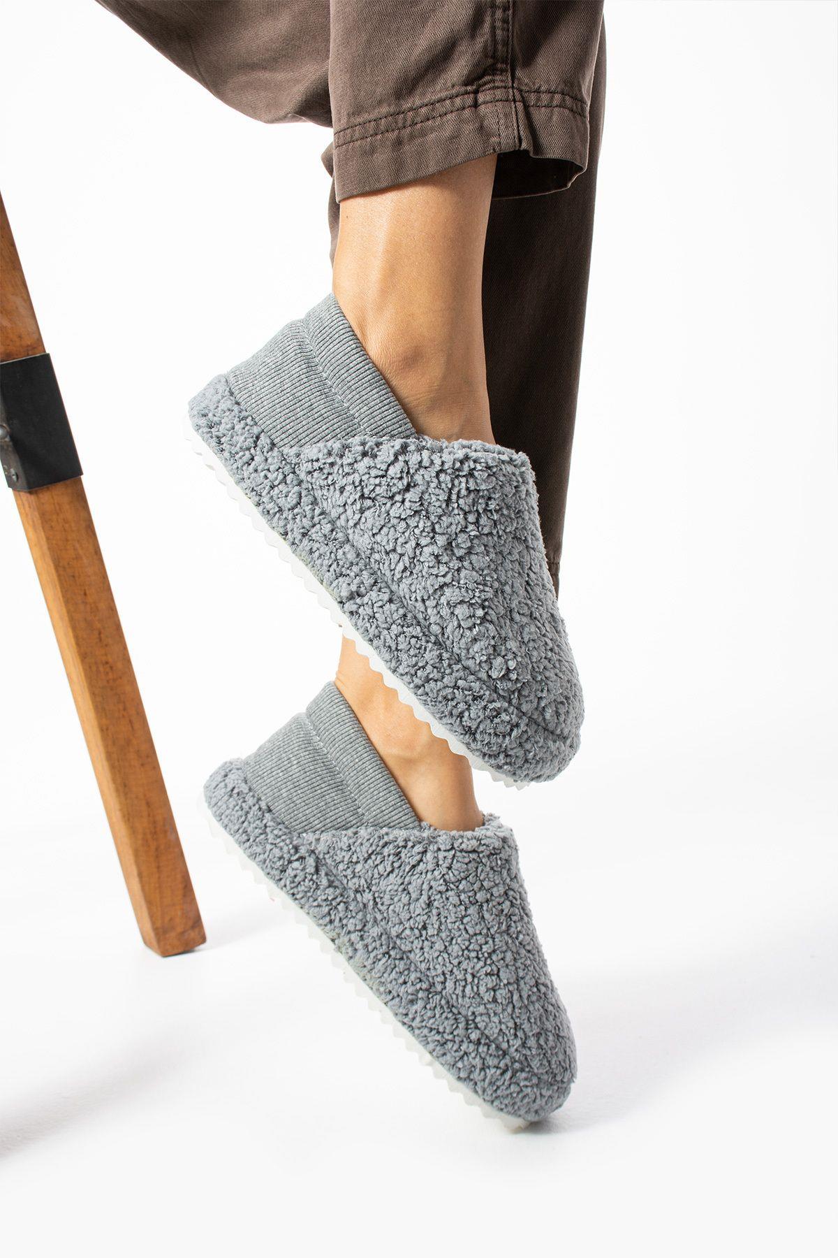 Gri Arkası Lastikli Havlu Kumaş Ev Ayakkabısı Ev Botu Panduf (ÜRÜN GELİŞTİRİLMİŞTİR)
